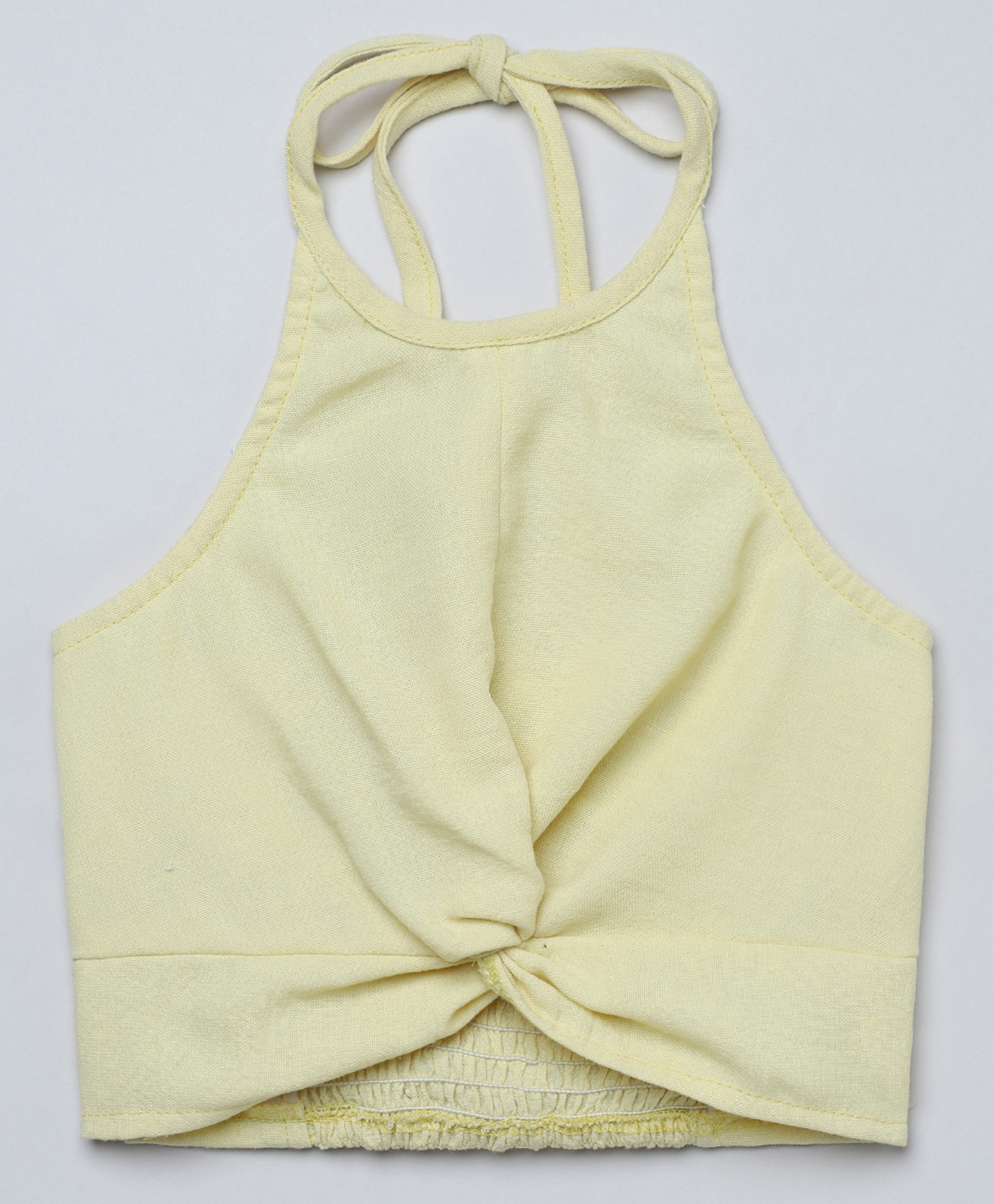 Taffykids Cotton Linen Woven Sleeveless Smock Detailed Halter Neck Crop Top - Butter Yellow-picture-5