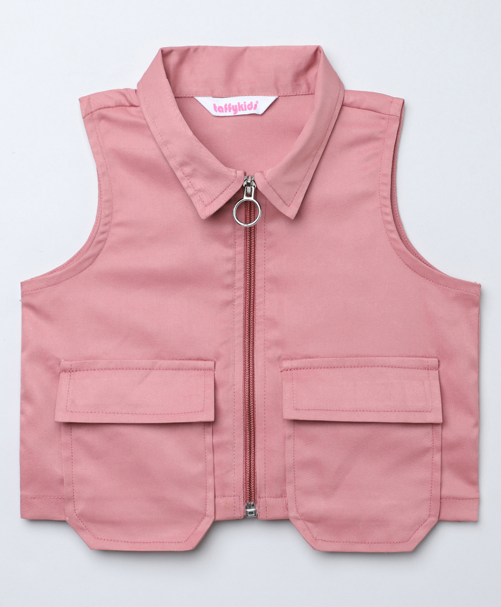 Taffykids Satin Woven Sleeveless Pockets Detailed Zipper Crop Top - Pink-picture-27