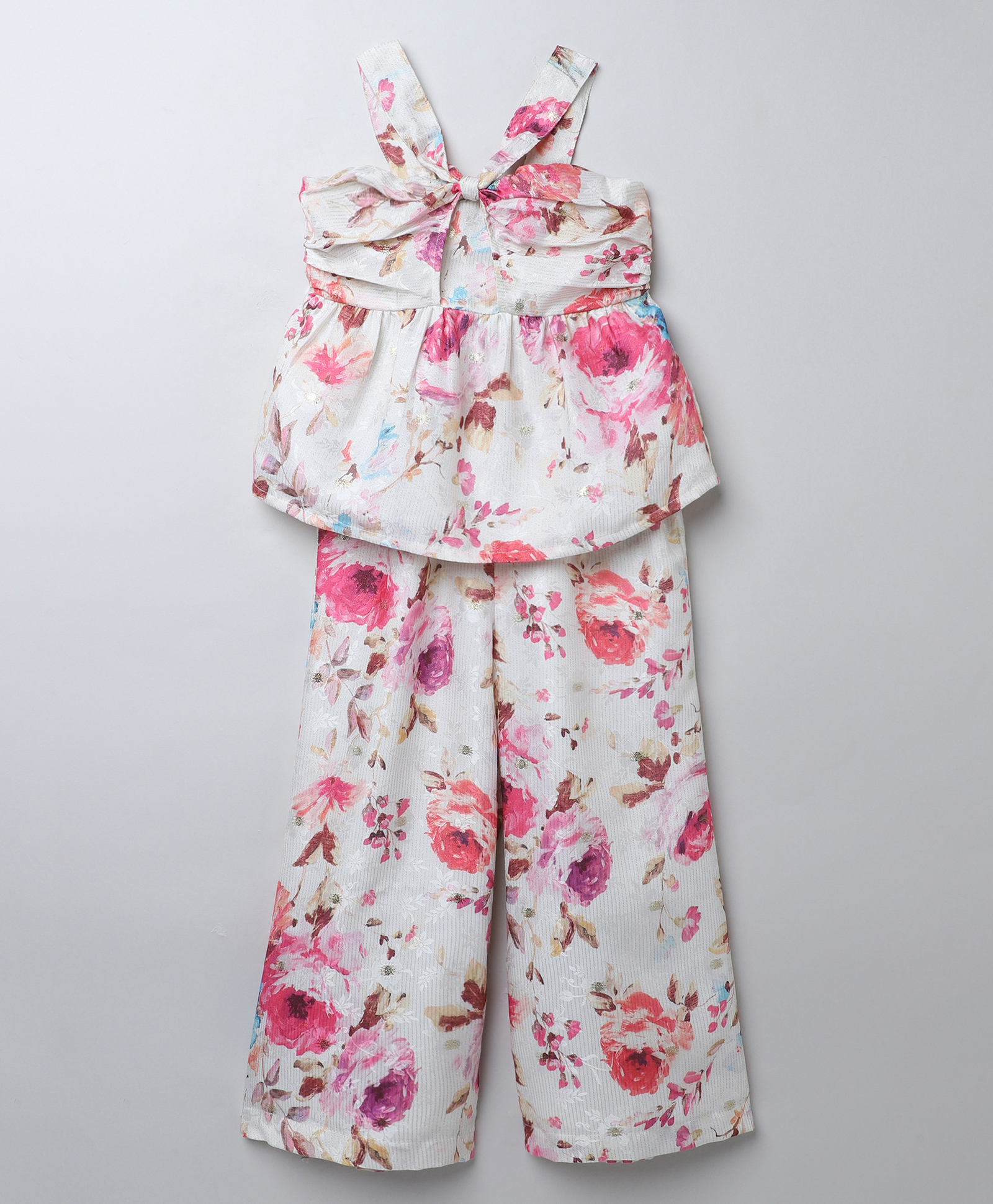 Taffykids Jacquard Woven Sleeveless Floral Printed Bow Applique Detailed Coordinating Peplum Top & Palazzo Set - White & Multi Colour-picture-29