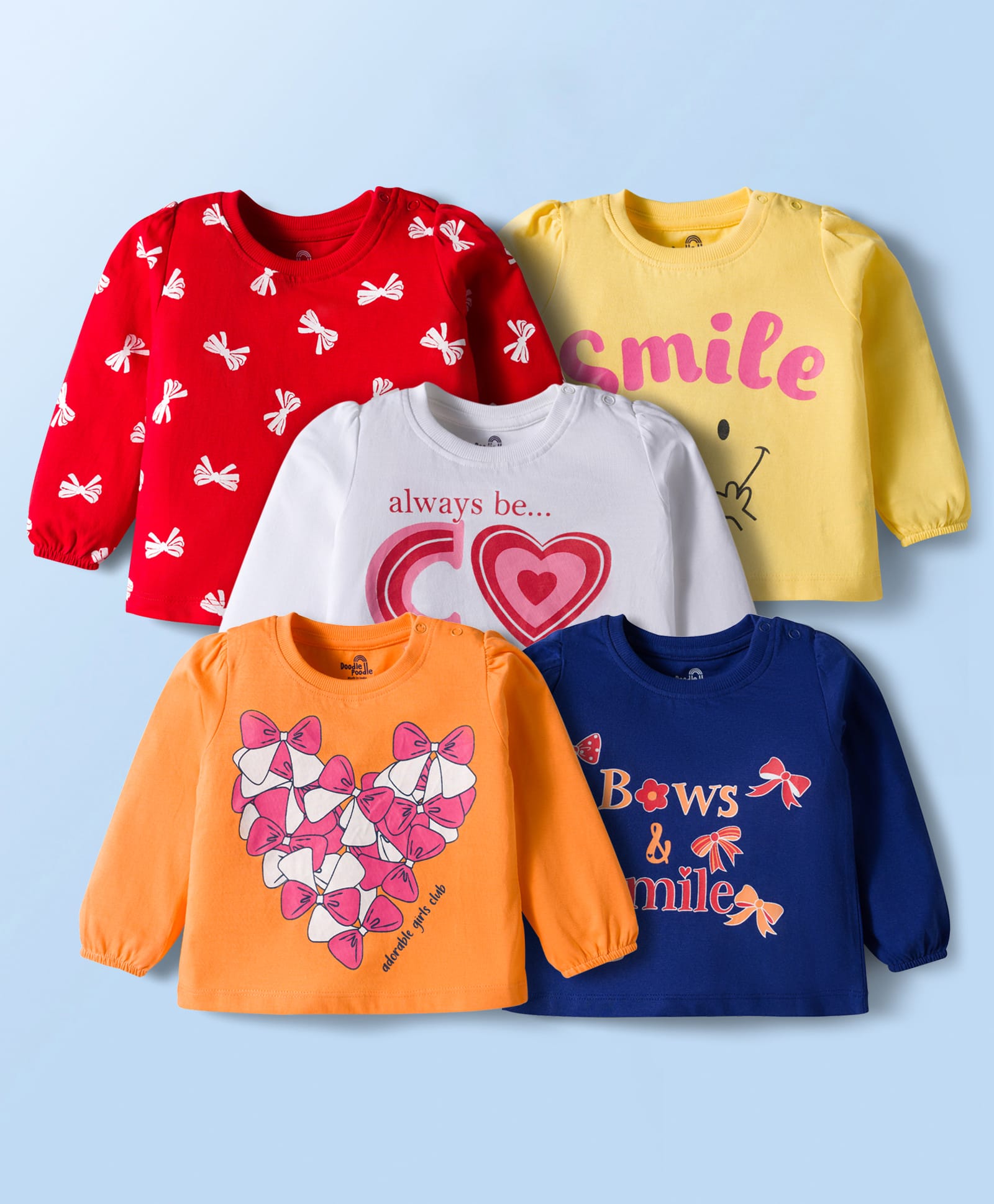 Doodle Poodle 100% Cotton Knit Full Sleeves T-Shirts With Heart & Bow Print Pack of 5 - Orange Red & Navy Blue-picture-20