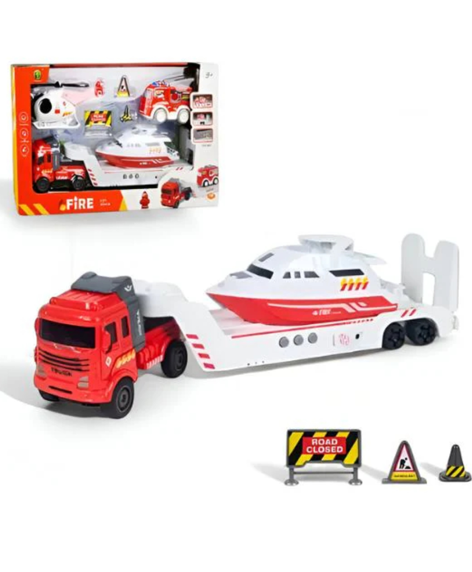 YAMAMA Die-cast Friction Powered City Rescue Fire Transport Car Trailer Truck Toys For Kids With Helicopter, Rescue Boat And Fire Transport Car - Multicolor-image-9