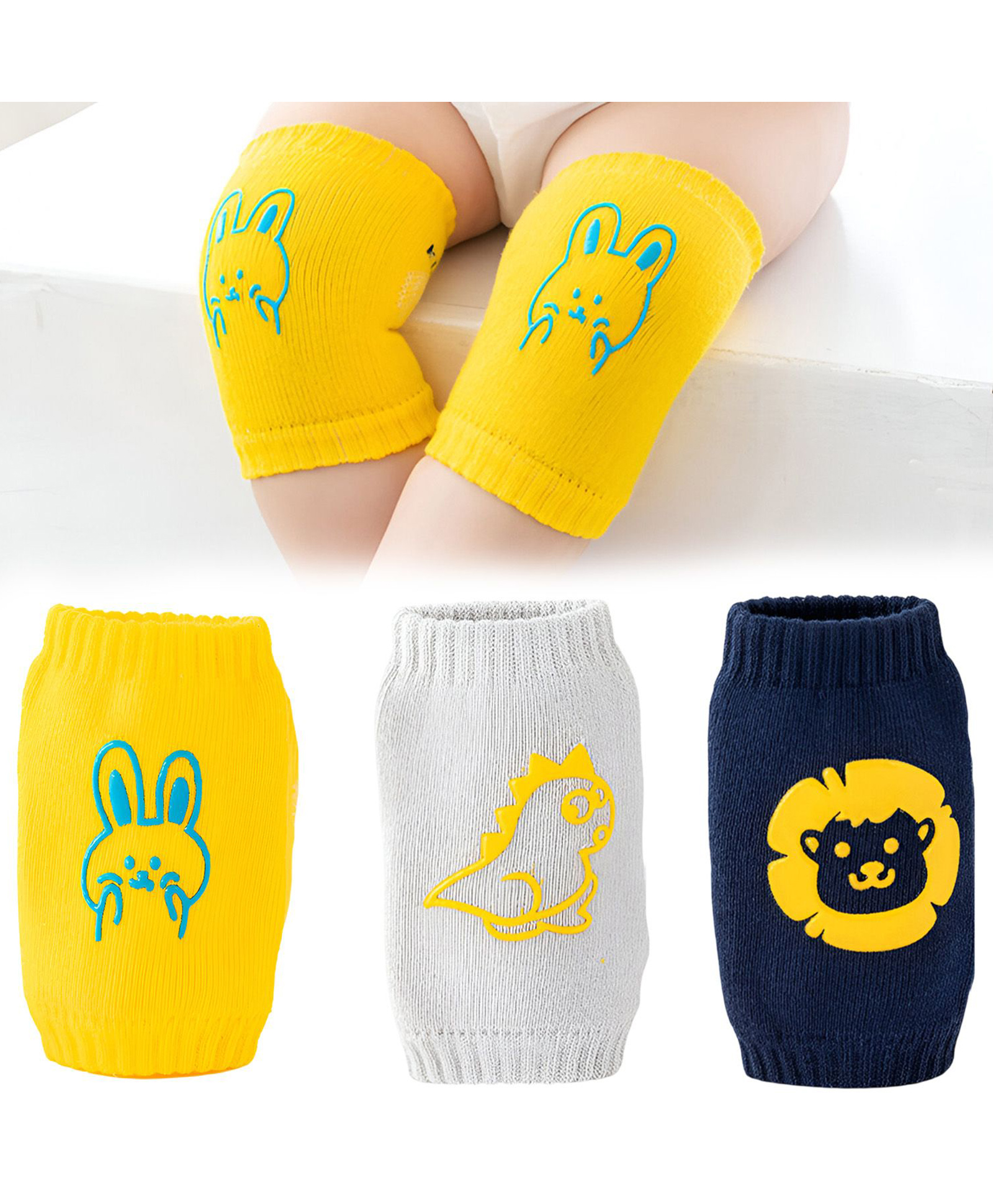 SYGA Cotton Cartoon 3 Pairs Knee Pads - Yellow & Grey & Navy Blue-image-44
