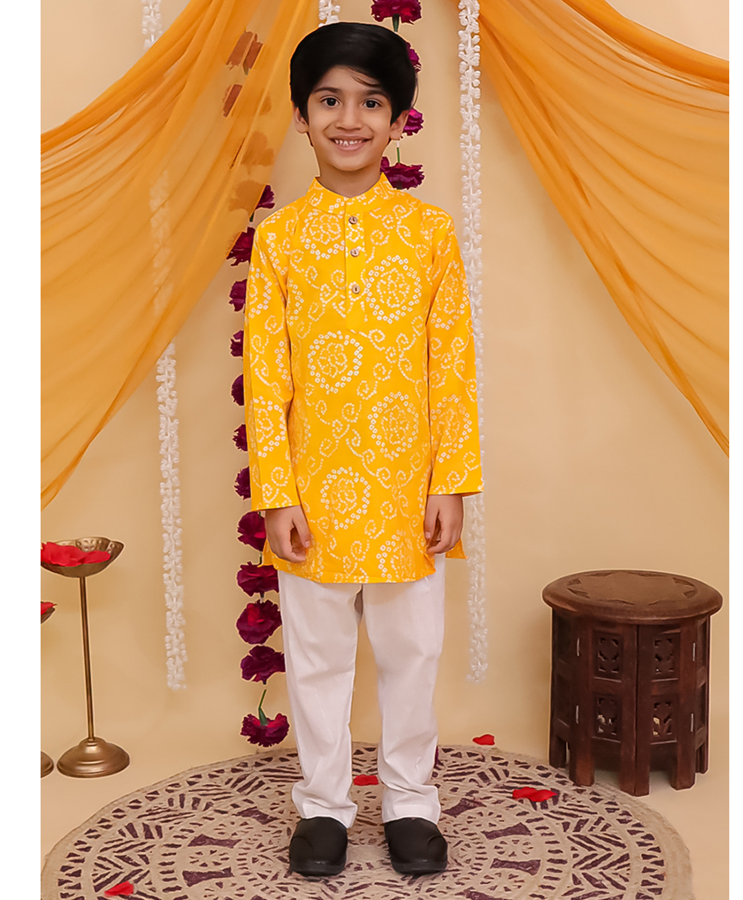 AJ Dezines Cotton Woven Full Sleeves Bandhani Designed Kurta Pyjama Set - Yellow-picture-36