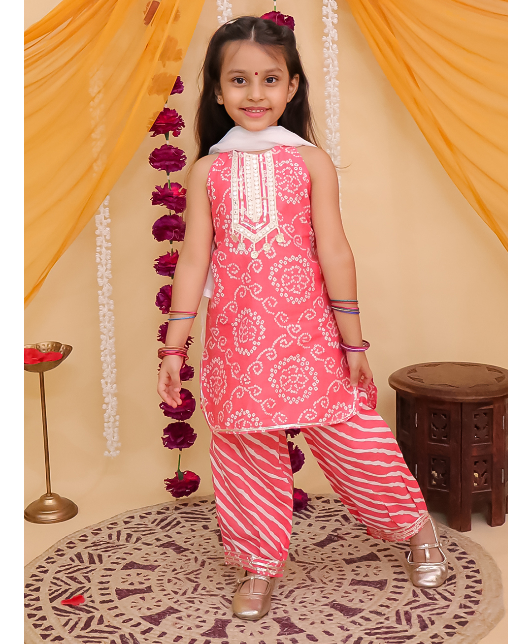 AJ Dezines Cotton Woven Sleeveless Bandhani Designed Halter Neck Detailed Kurti & Salwar With Dupatta Set - Red-picture-34