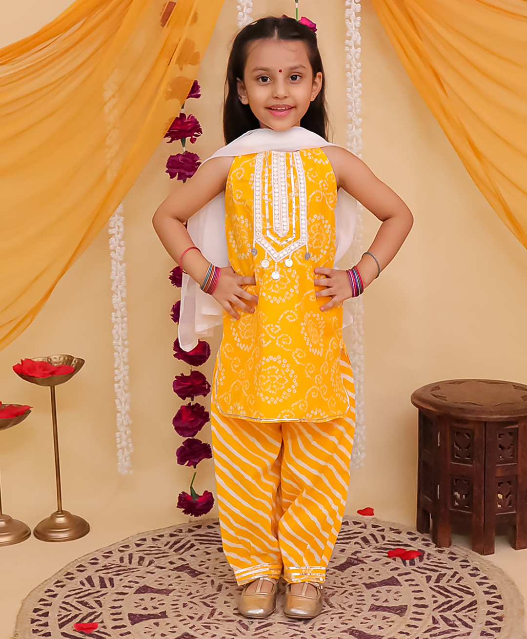 AJ Dezines Cotton Woven Sleeveless Bandhani Designed Halter Neck Detailed Kurti & Salwar With Dupatta Set - Yellow-picture-18