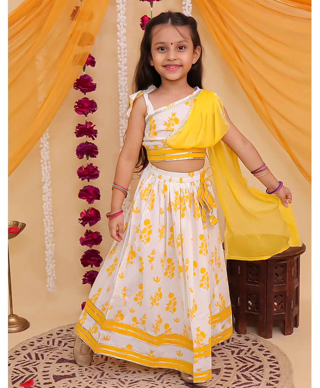 AJ Dezines Cotton Woven Sleeveless Floral Printed Gota Lace Embellished Coordinating Lehenga Choli With Attached Dupatta Set - Yellow-picture-0