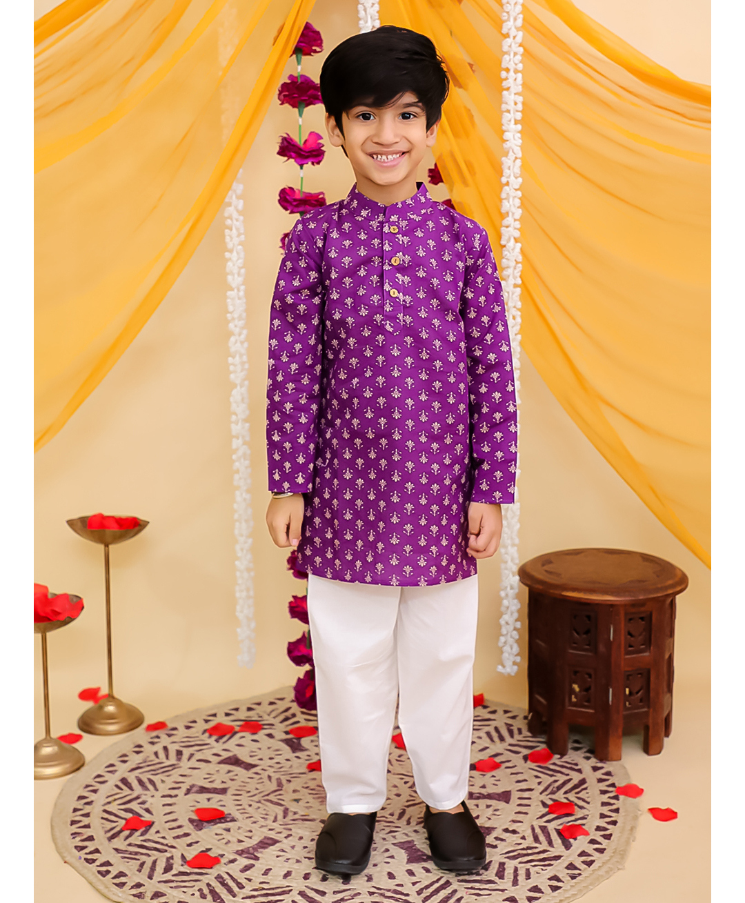 AJ Dezines Cotton Woven Full Sleeves Floral Motifs Printed Kurta Pyjama Set - Purple-picture-33