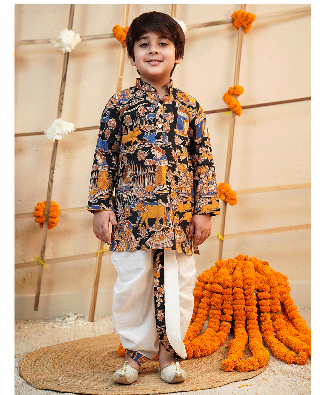 AJ Dezines Cotton Woven Full Sleeves Farm & Animals Printed Kurta Dhoti Set - Black-picture-32