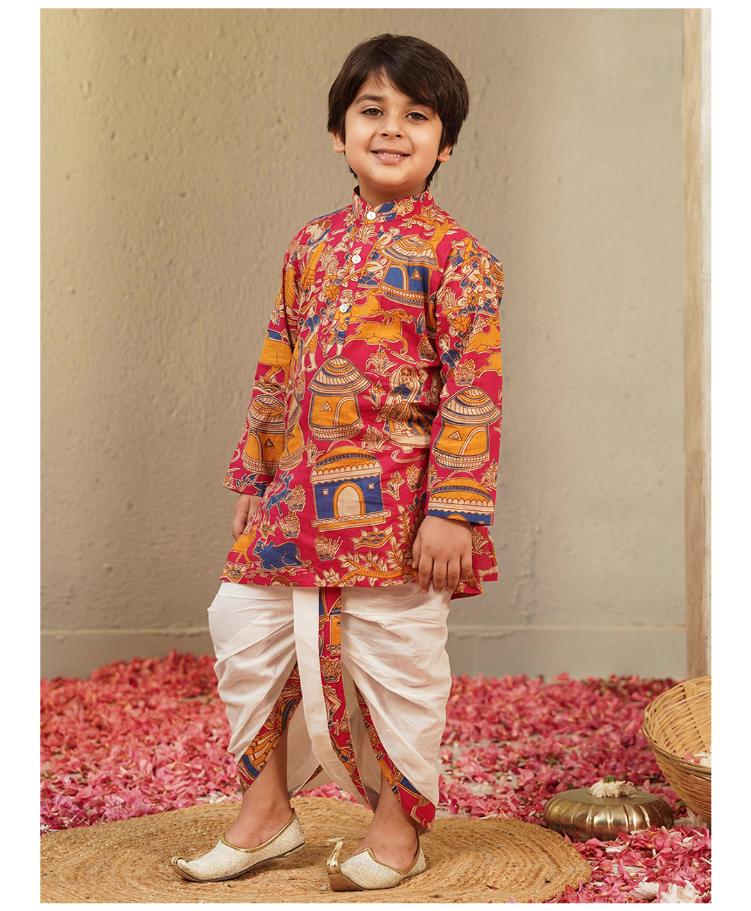 AJ Dezines Cotton Woven Full Sleeves Farm & Animals Printed Kurta Dhoti Set - Pink-picture-12