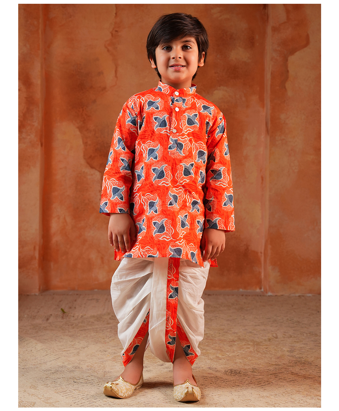 AJ Dezines Cotton Woven Full Sleeves Floral Motifs Printed Kurta Dhoti Set - Orange-picture-25