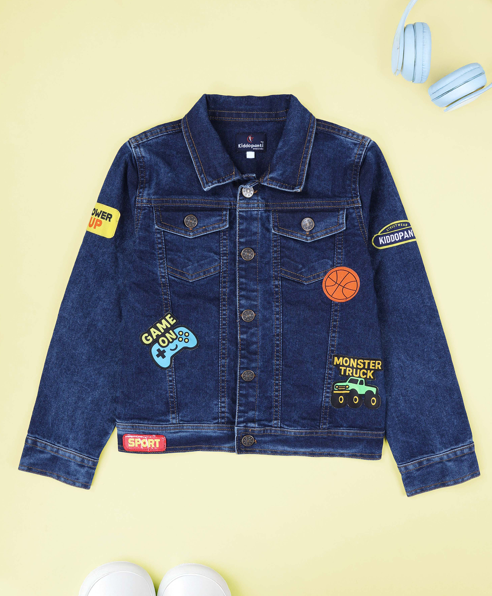 Kiddopanti Denim Woven Full Sleeves Basketball Patch Detailed Jacket - Dark Rag Blue-picture-17