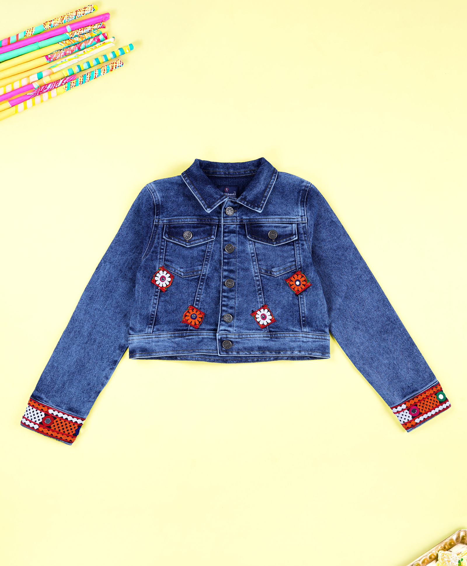 Kiddopanti Denim Woven Full Sleeves Floral Patch Detailed Cropped Jacket - Medium Rag Blue-picture-16