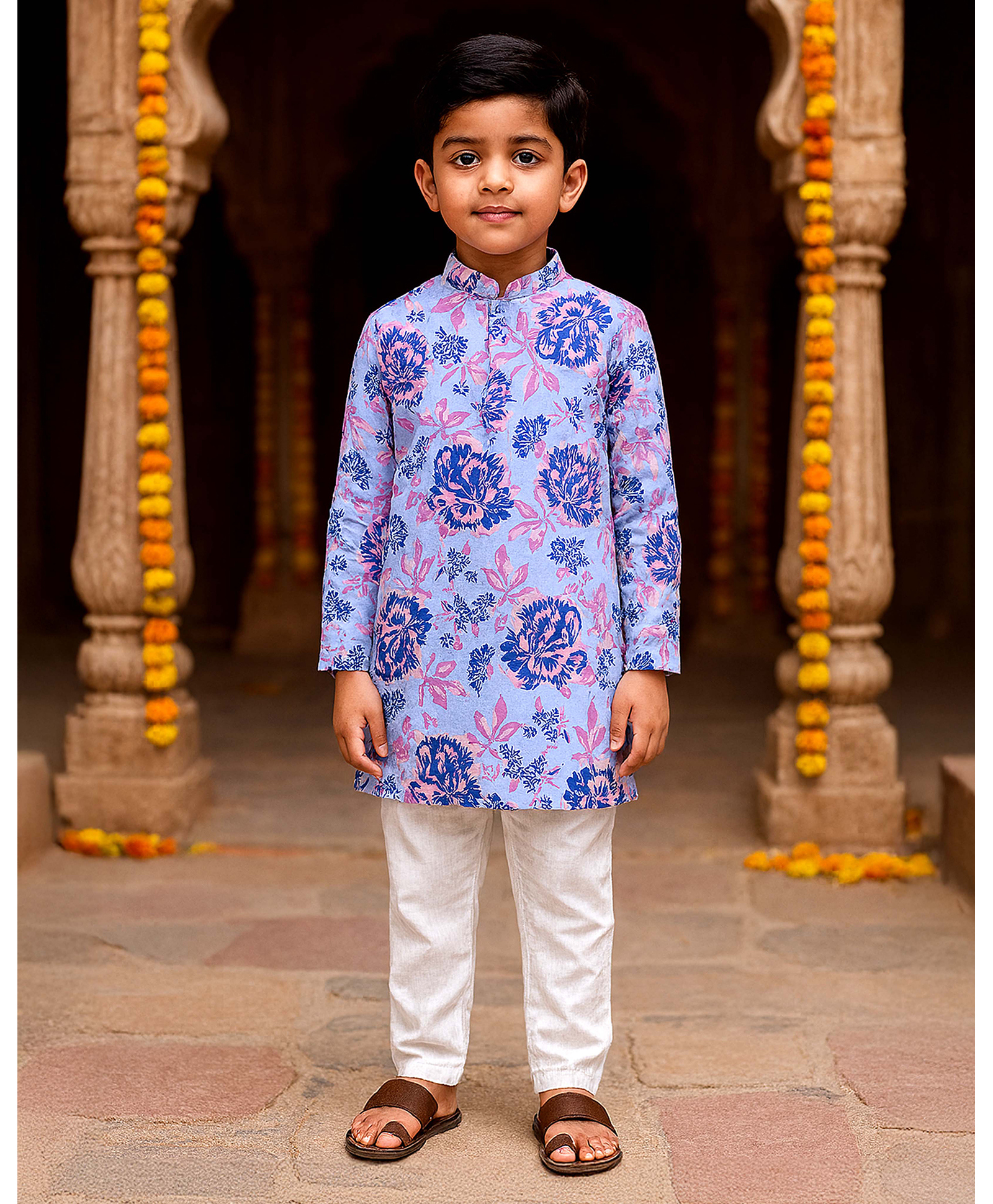 Kiddopanti Cotton Woven Full Sleeves Floral Printed Kurta Pyjama Set - Sky Blue & Pink-picture-25