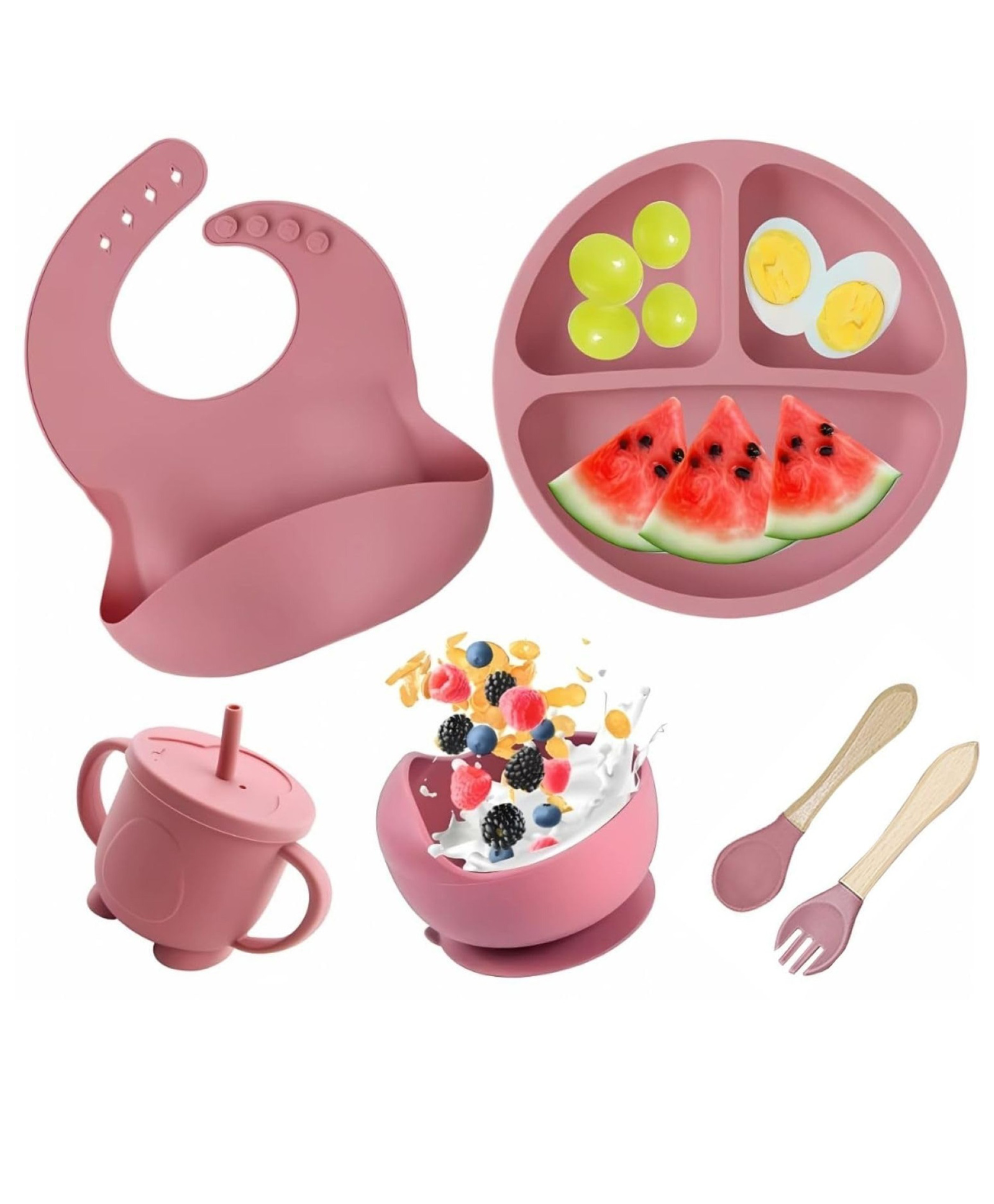 Luvlittle 6 Pcs Silicone Baby Feeding Set, BPA Free & Microwave Safe Dinner Tableware Kit - Feeding Bowl, Suction Plate, Cup, Spoon, Fork & Bib for Kids, Toddler -dusty pink-Colour and Design May Vary-image-34