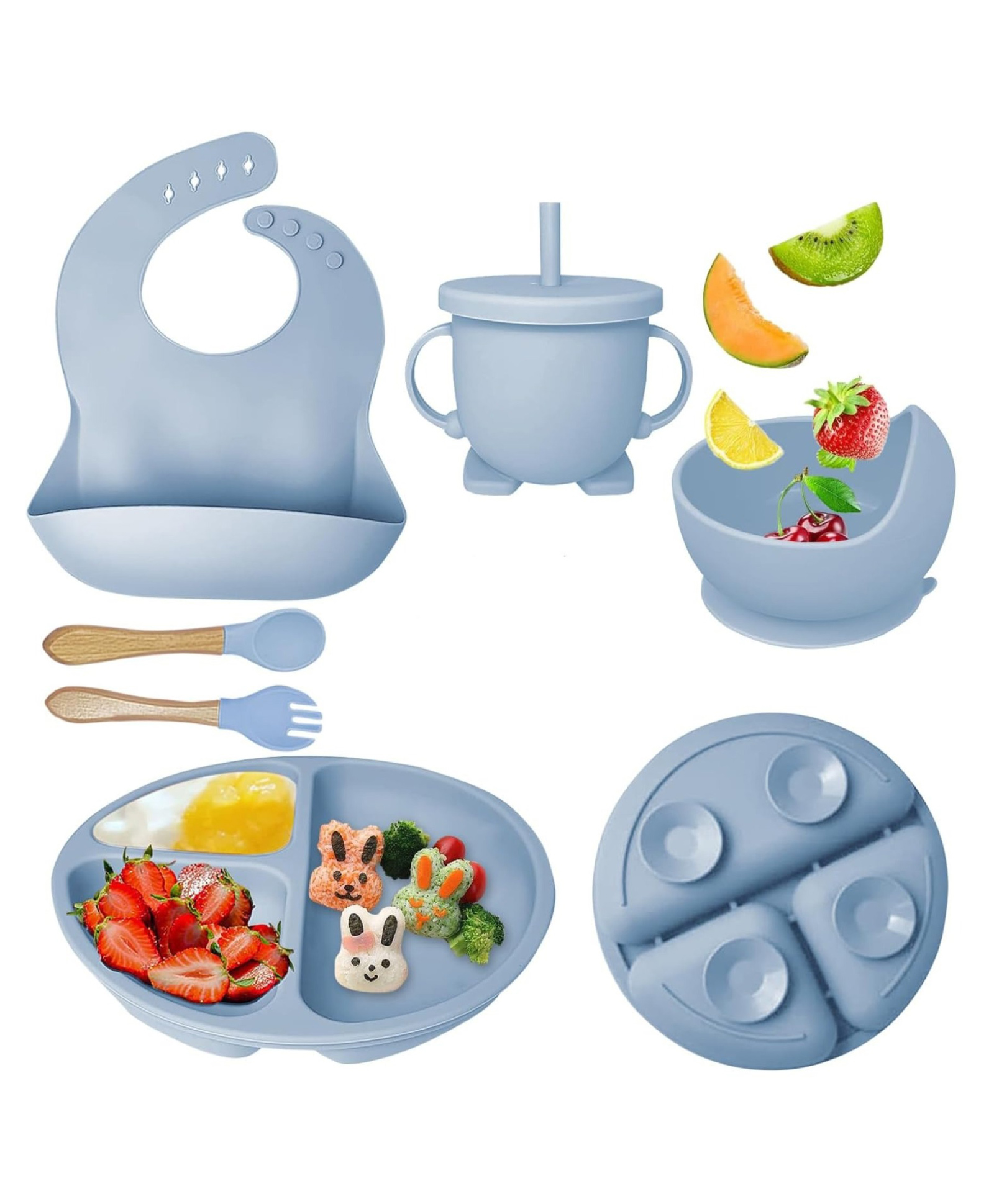 Luvlittle 6 Pcs Silicone Baby Feeding Set, BPA Free & Microwave Safe Dinner Tableware Kit - Feeding Bowl, Suction Plate, Cup, Spoon, Fork & Bib for Kids, Toddler Blue-Colour and Design May Vary-image-46
