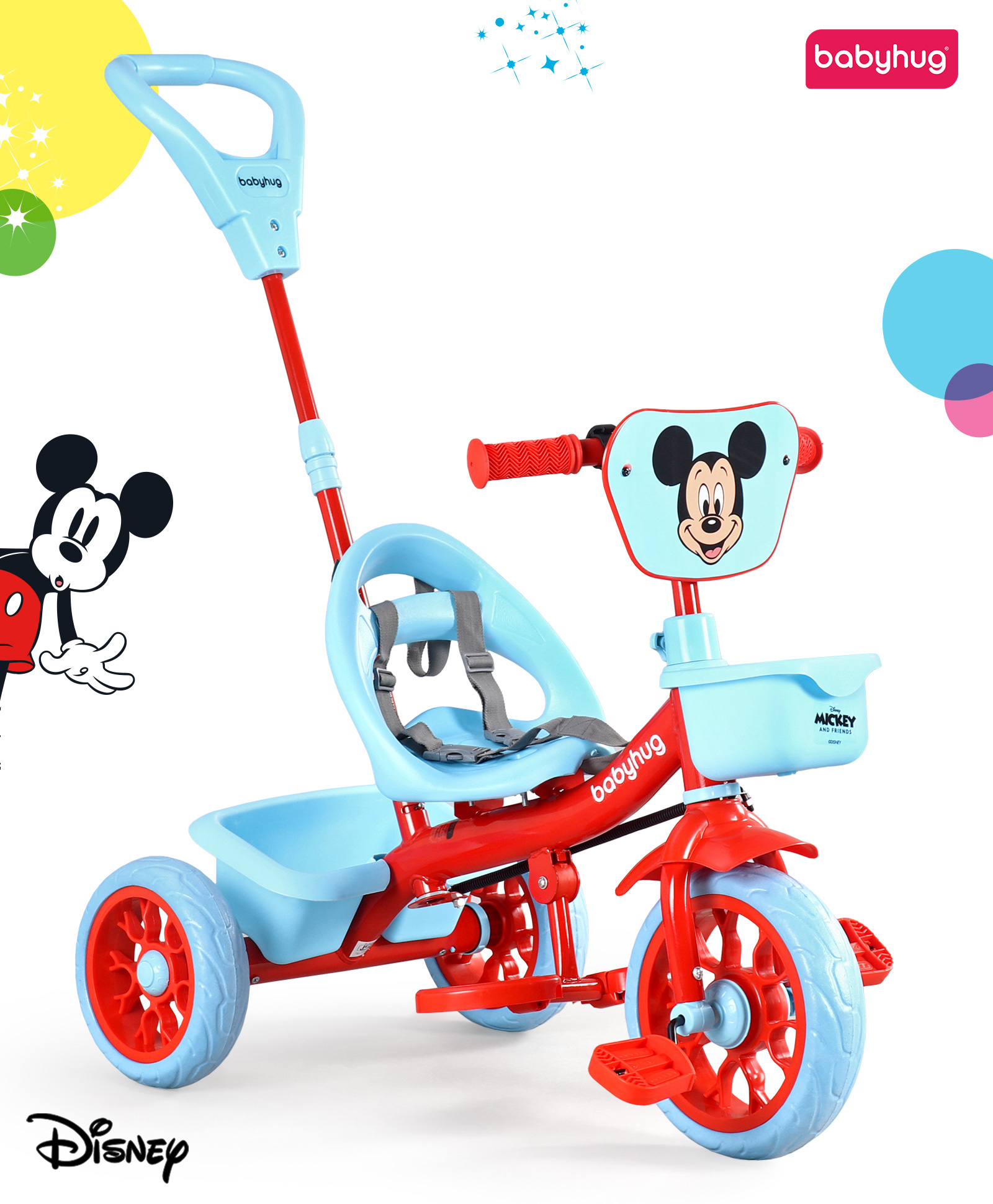 Babyhug Disney Mickey Kids Tricycle with Parental Push Handle- Red & Light Blue| Antislip Pedals| Puncture Proof Wheels| Easy Assembling| Foldable Footrest| Toy for 2 to 5 year| Gifting Option-image-11