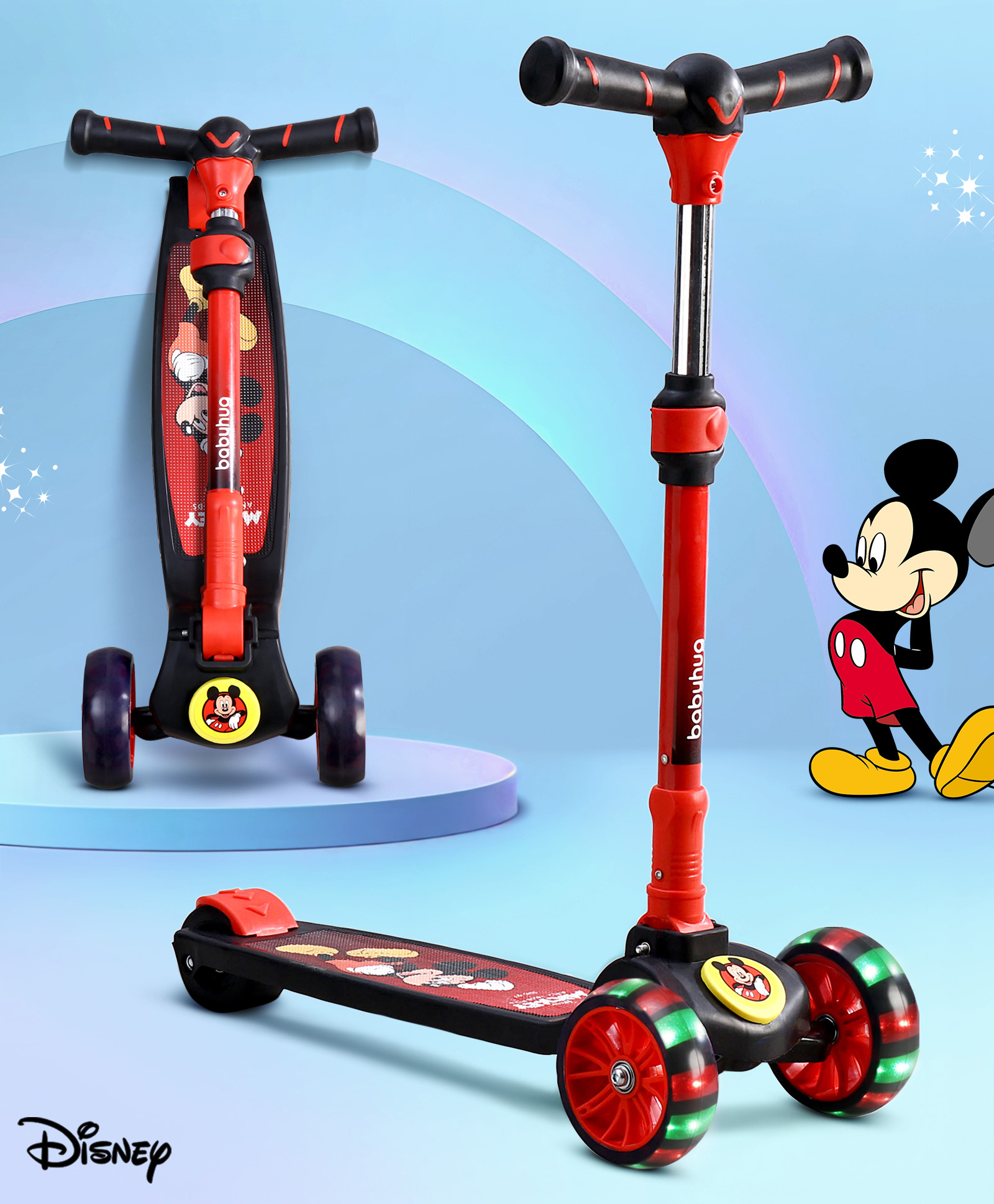 Babyhug Disney Mickey Kids 3 Wheel Scooter with Attractive Led Wheels- Red & Black| Compact Fold| Lean-to-Steer| Toy for 3 to 14 years Boys & Girls| Gifting Option| Physical Activity| 50 kg Capacity