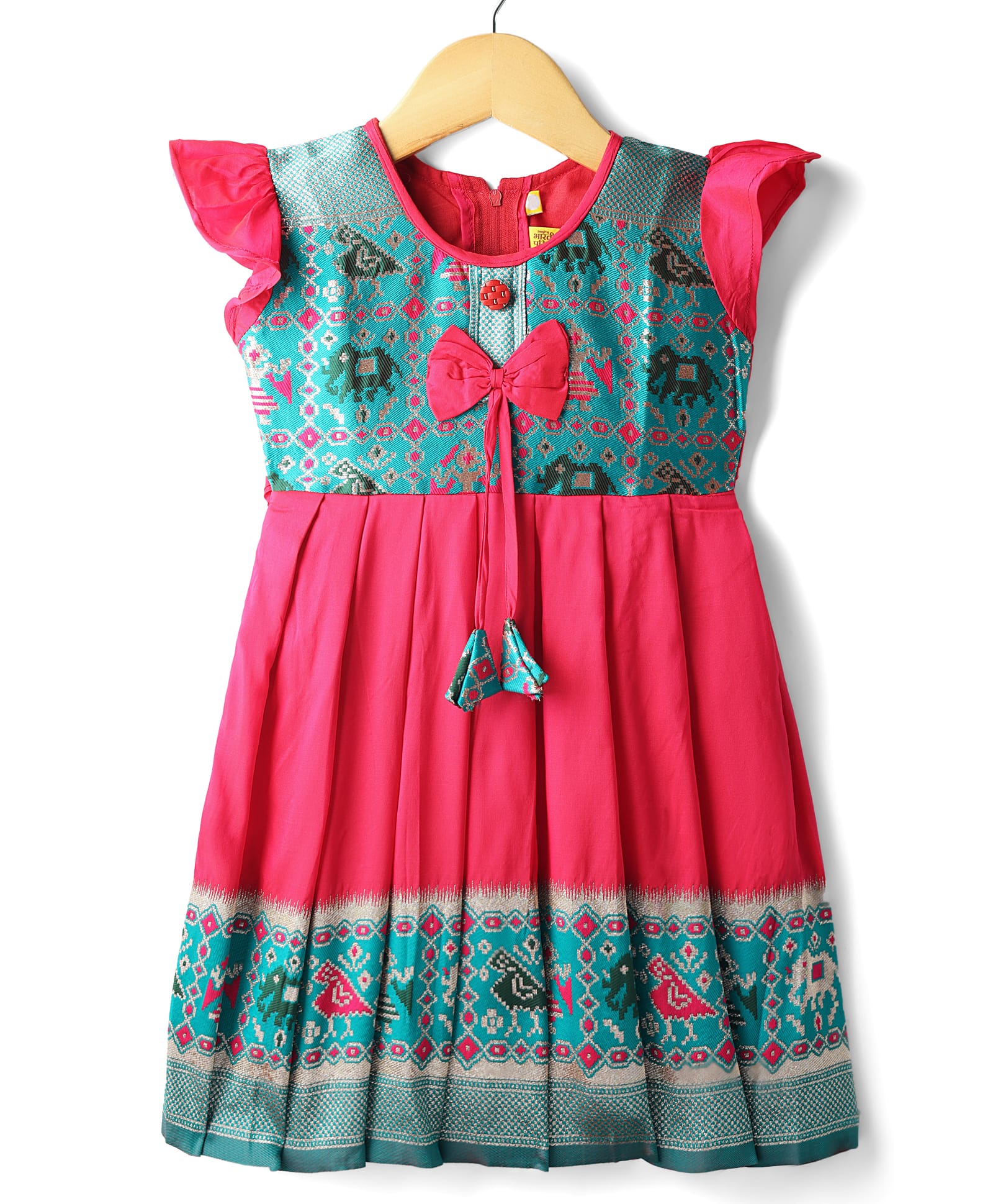 Bhartiya Paridhan Silk Woven Cap Sleeves Pleated Ethnic Dress with Bow Applique - Dark Pink-image-34