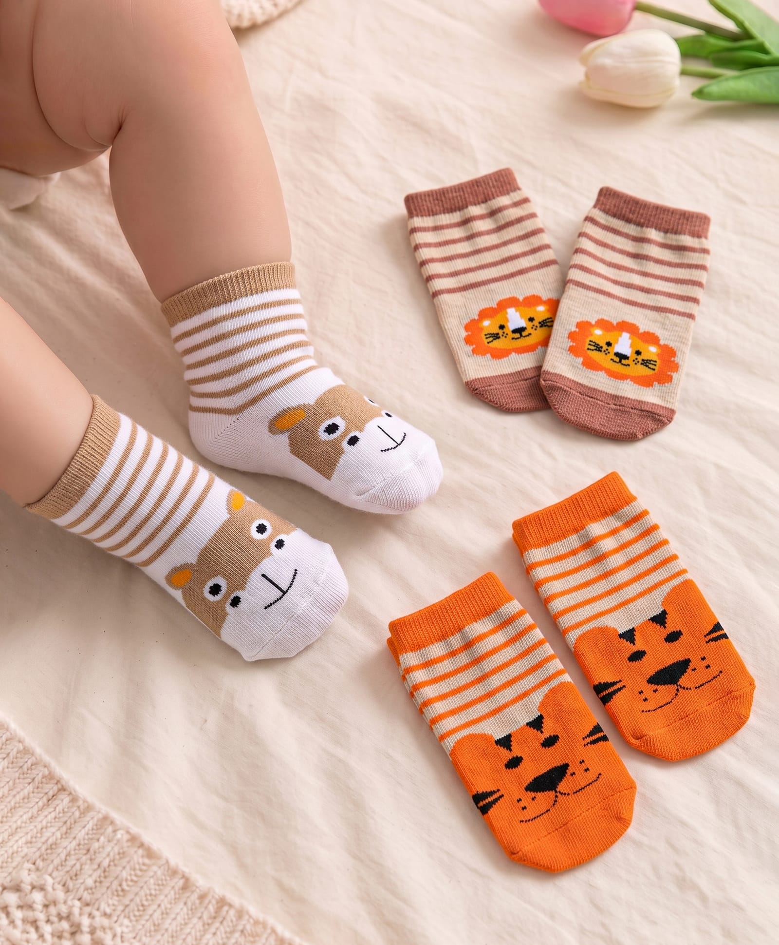 Cute Walk by Babyhug Knit Ankle Length Anti Bacterial Socks with Lion & Tiger Design Pack of 3 - Brown & Orange-image-35