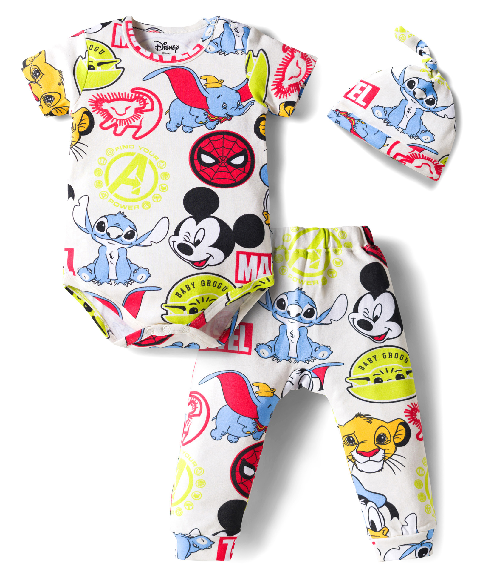 Babyhug Disney Interlock Knit Half Sleeves Onesie & Diaper Legging With Pony Cap Set Disney Character Print- White-picture-14