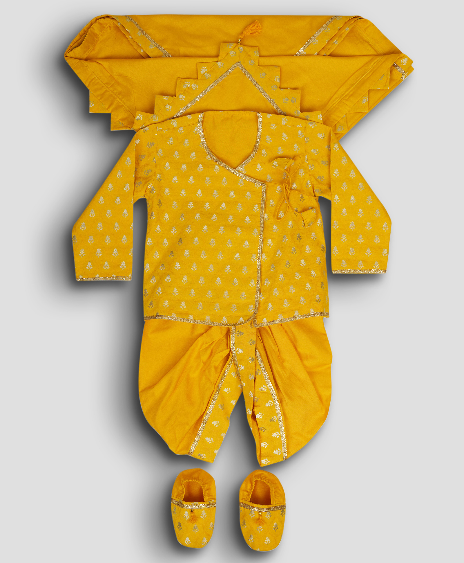 Vastramay Viscose Woven Full Sleeves Floral Foil Motifs Printed Coordinating Kurta Dhoti With Booties & Swaddle Set - Mustard-image-9
