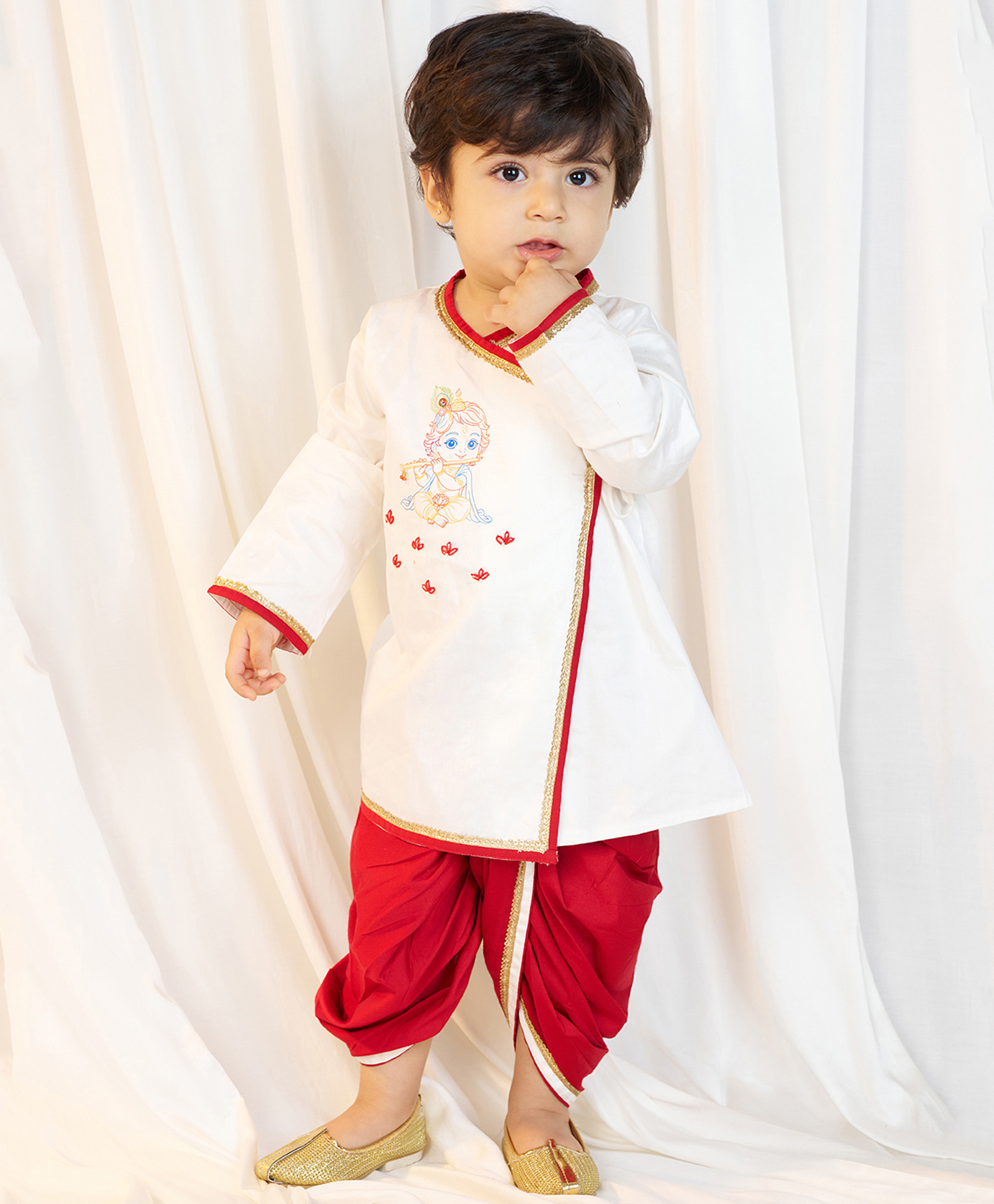 Vastramay Satin Woven Janmashtami Theme Full Sleeves Lord Krishna Printed Kurta Dhoti Set - White