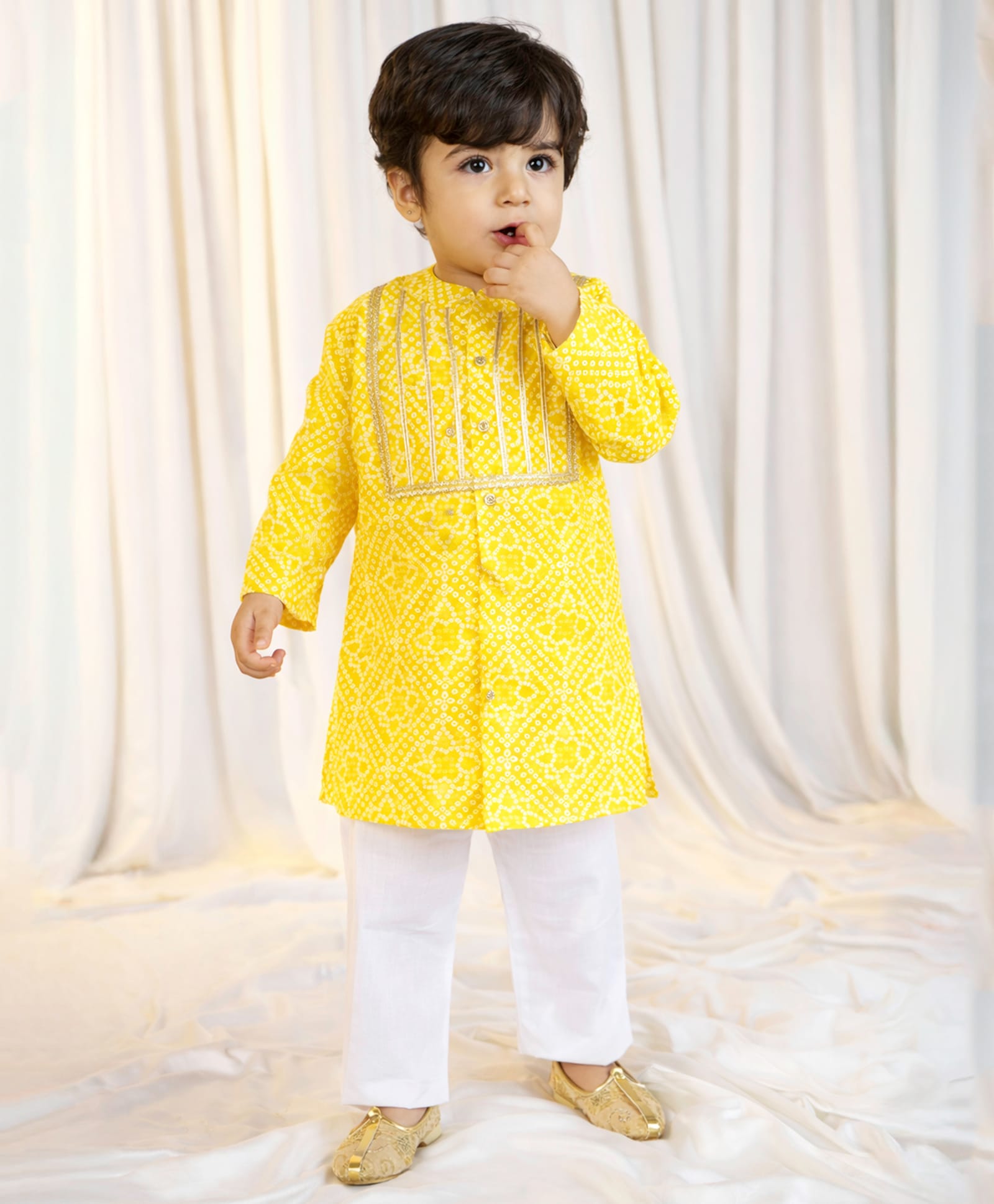 Vastramay Cotton Woven Full Sleeves Bandhani Printed & Gota Lace Embellished Kurta Pyjama Set - Yellow-image-47