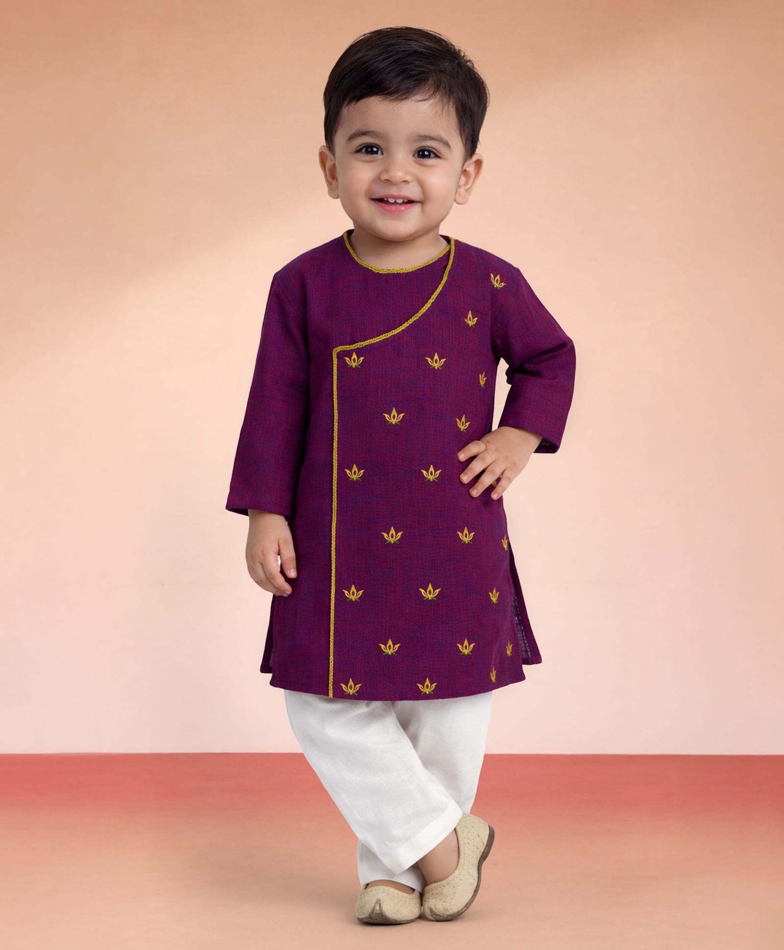 Vastramay Cotton Woven Full Sleeves Floral Embroidered Kurta Pyjama Set - Purple-image-31