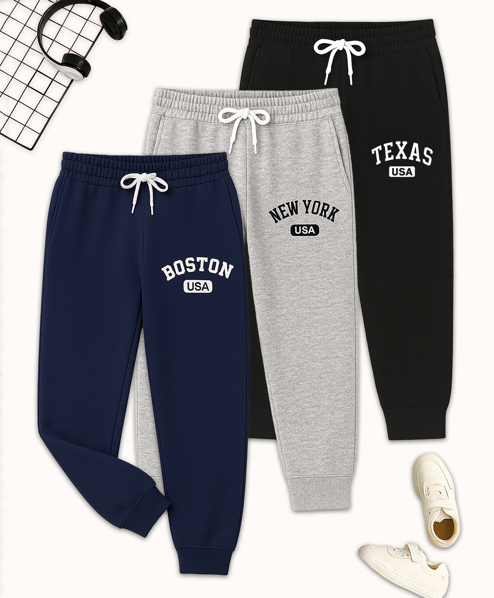 KUCHIPOO Cotton Blend Knit Pack Of 3 USA Text Printed Track Pants - Navy Blue Grey & Black-image-43