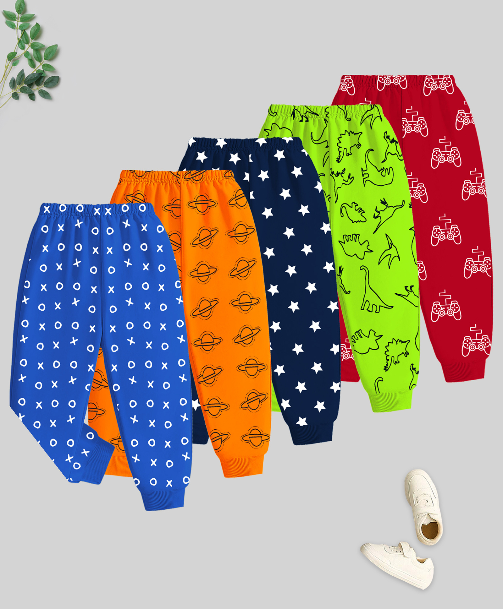 KUCHIPOO Cotton Blend Knit Pack Of 5 Stars Dinosaur & Space Theme Printed Track Pants - Blue Navy Blue Orange Green & Red-picture-24