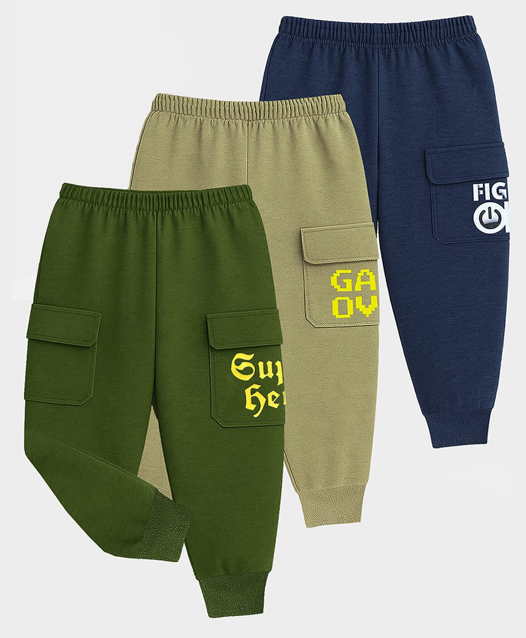 KUCHIPOO Cotton Blend Knit Pack Of 3 Typography Printed Cargo Track Pants - Beige Olive & Navy Blue-picture-10