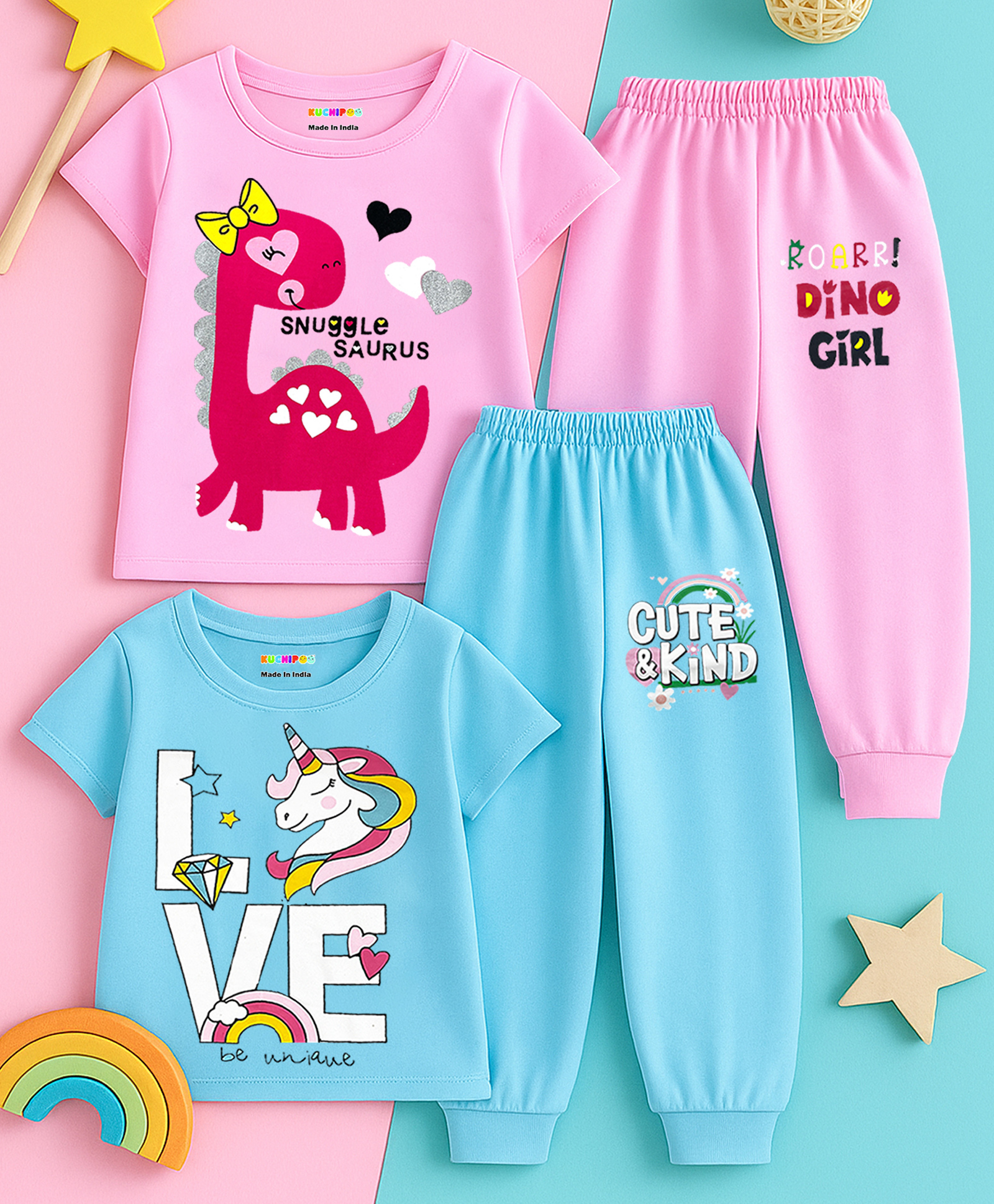KUCHIPOO Cotton Knit Pack Of 2 Half Sleeves Dinosaur & Unicorn Printed Tees & Joggers Set - Pink & Sky Blue-picture-20