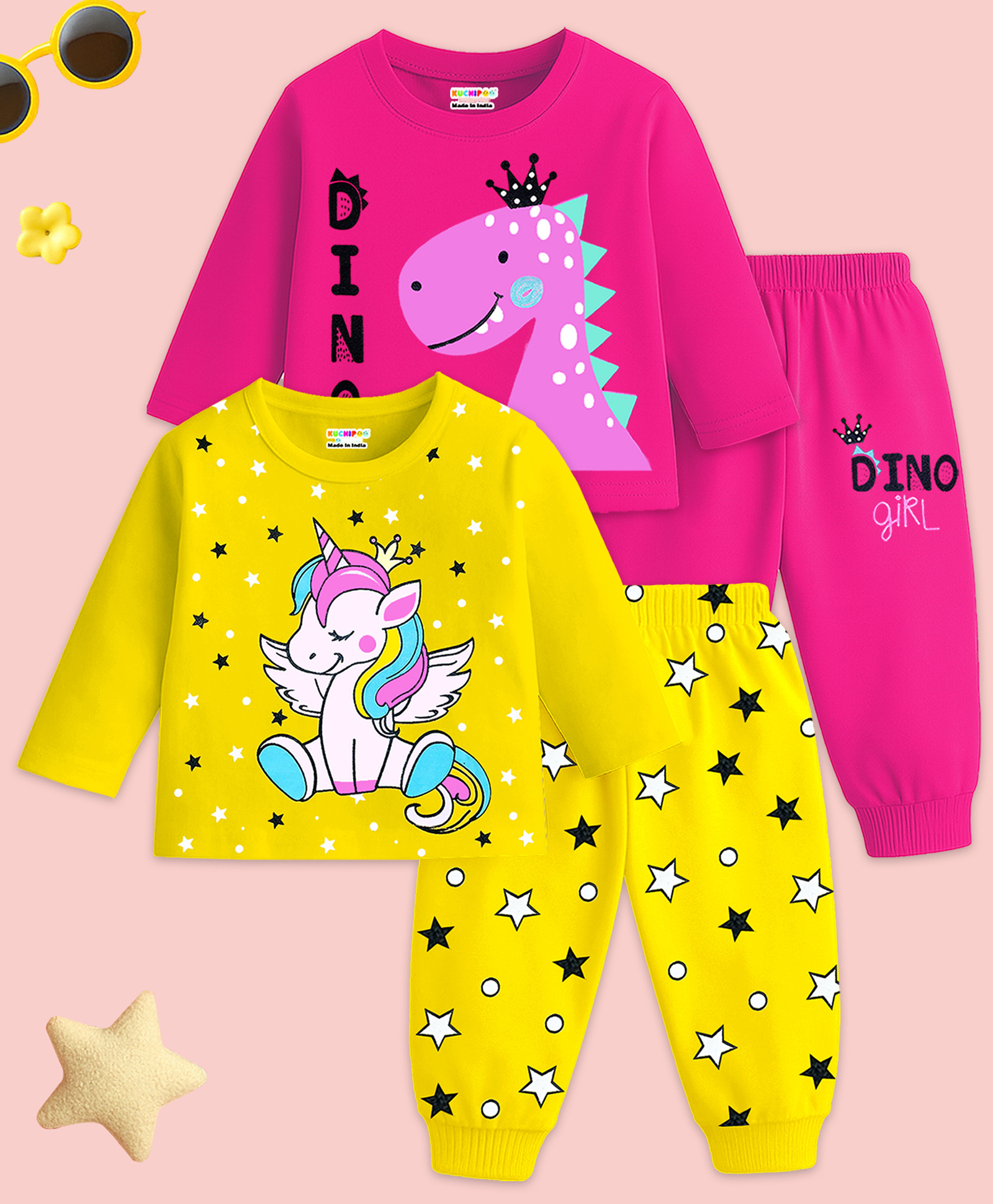 KUCHIPOO Cotton Knit Pack Of 2 Full Sleeves Dinosaur & Unicorn Printed Tees & Joggers Set - Yellow & Pink-image-35