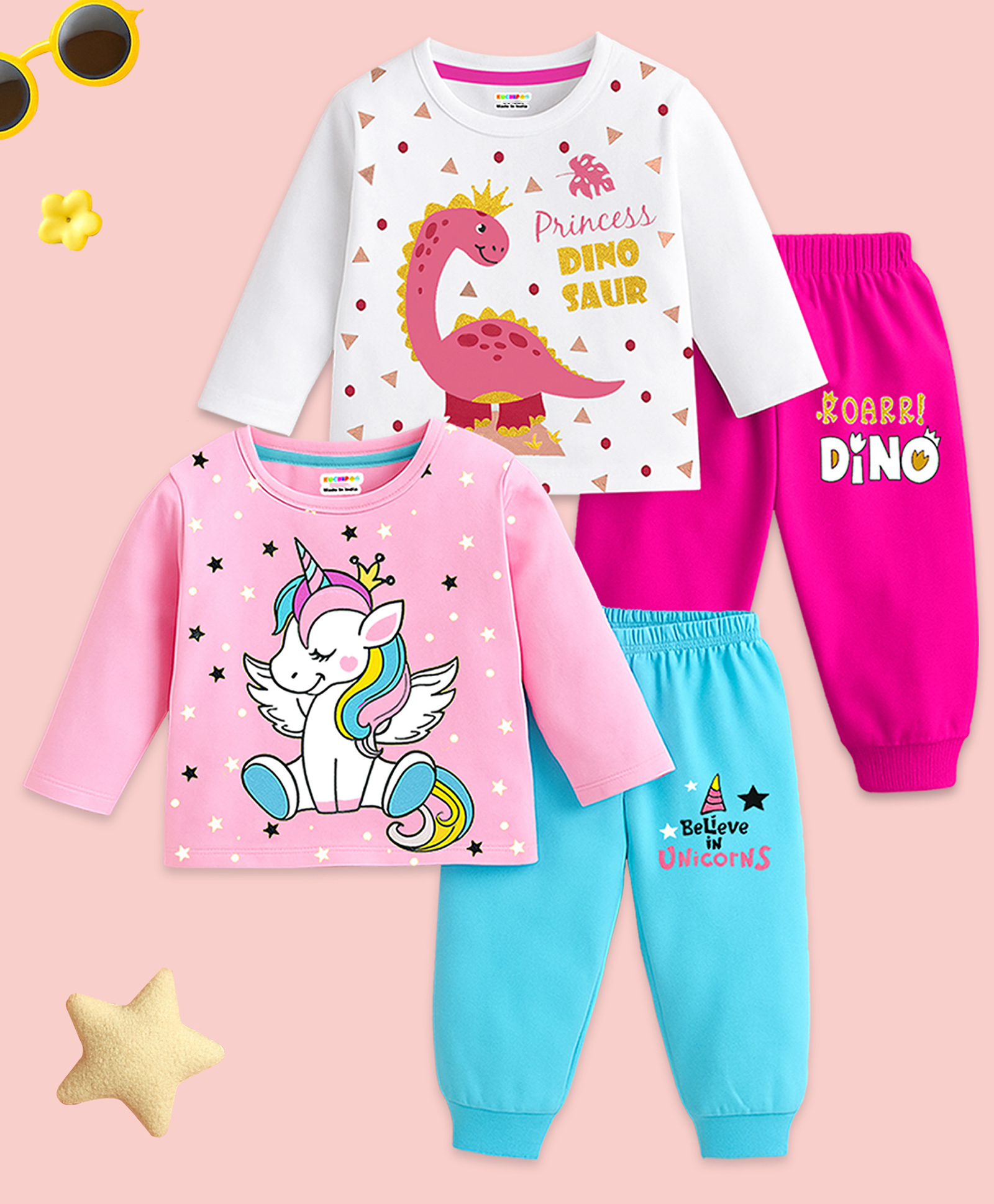 KUCHIPOO Cotton Knit Pack Of 2 Full Sleeves Dinosaur & Unicorn Printed Tees & Joggers Set - Pink White & Sky Blue-image-34
