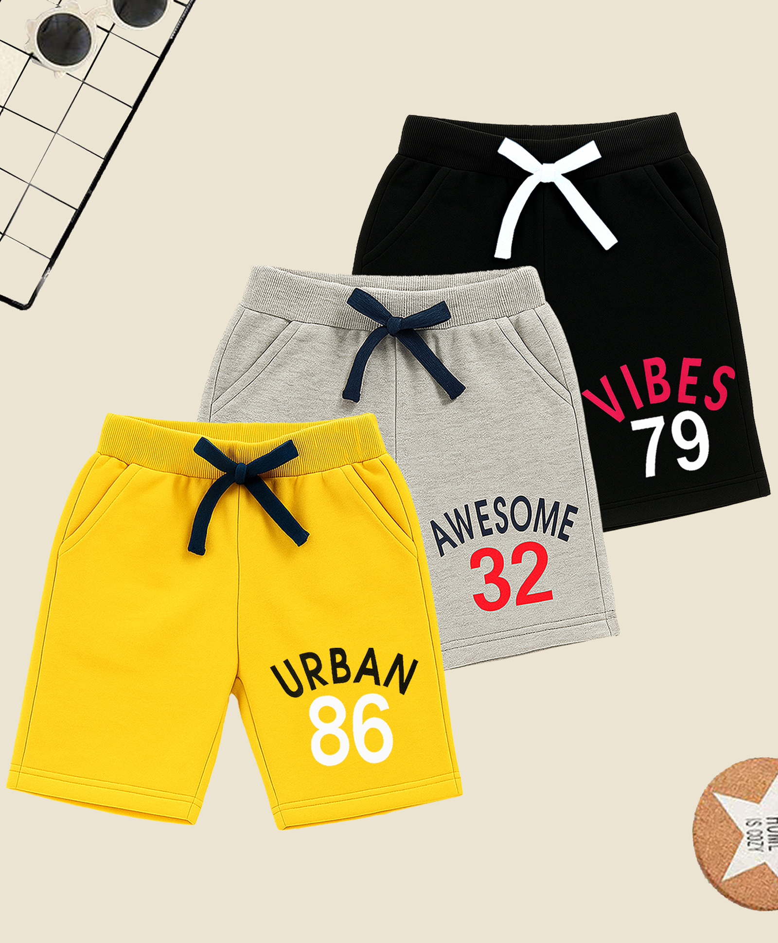 KUCHIPOO Cotton Blend Knit Pack Of 3 Urban & Awesome Text Printed Shorts - Yellow Grey & Black-picture-27