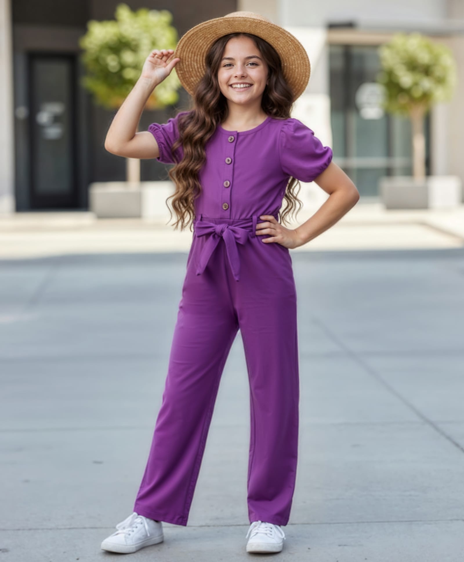 Pine Kids Cotton Knit Half Sleeves Solid Jumpsuit With Belt - Purple-picture-14