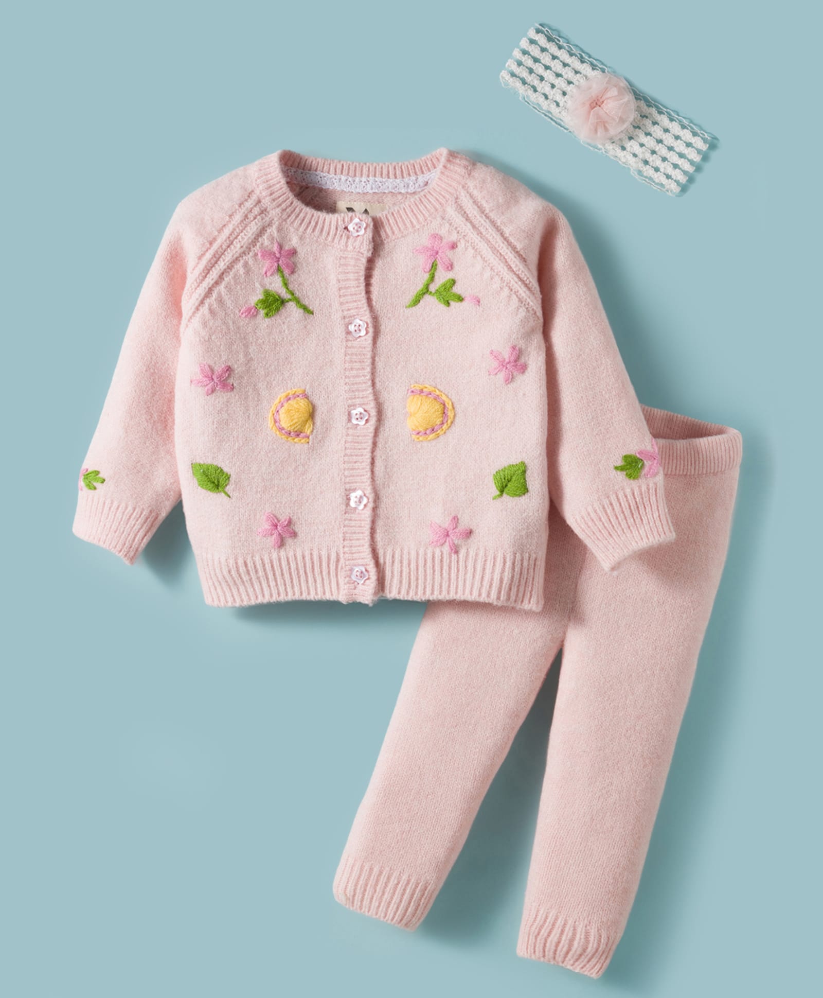Yellow Apple Knit Full Raglan Sleeves Front Open Sweater with Floral Embroidery - Peach-image-42