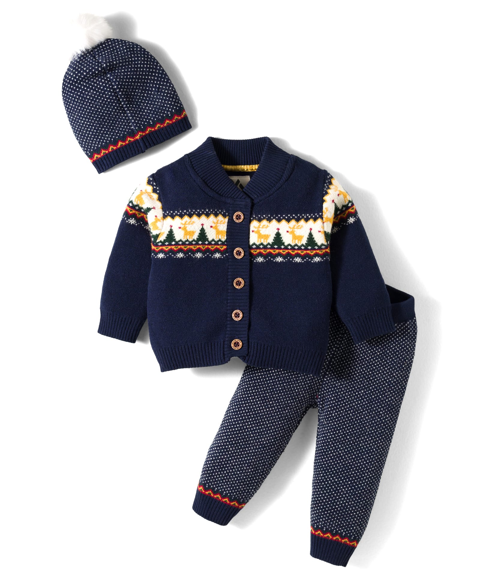Yellow Apple Cotton Knit Front Open Full Sleeves Sweater Set with Reindeer Design with Cap - Navy Blue-image-17