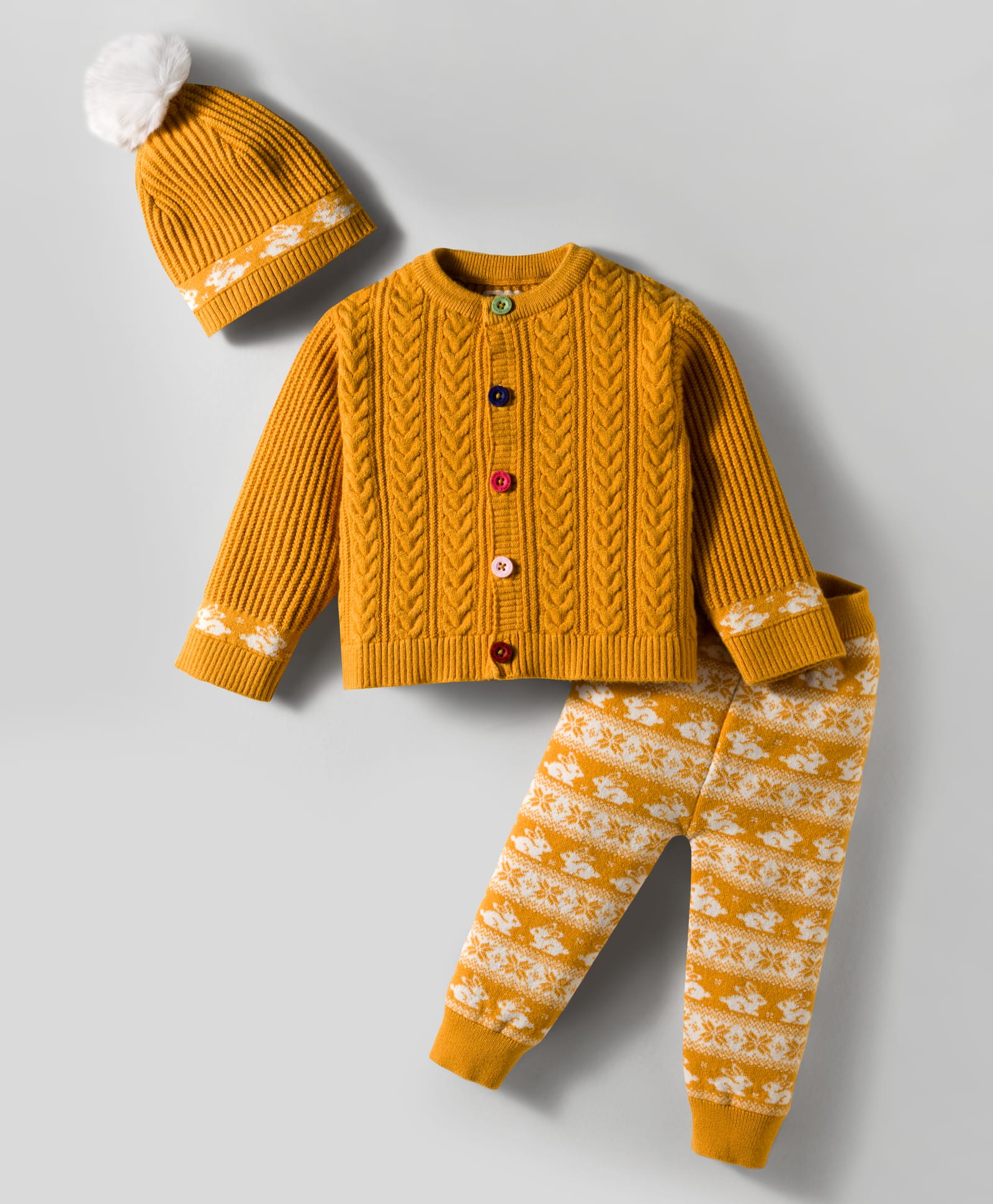 Yellow Apple Knit Full Sleeves Front Open Sweater Set with Cap & Cable Knit Design - Mustard-picture-35