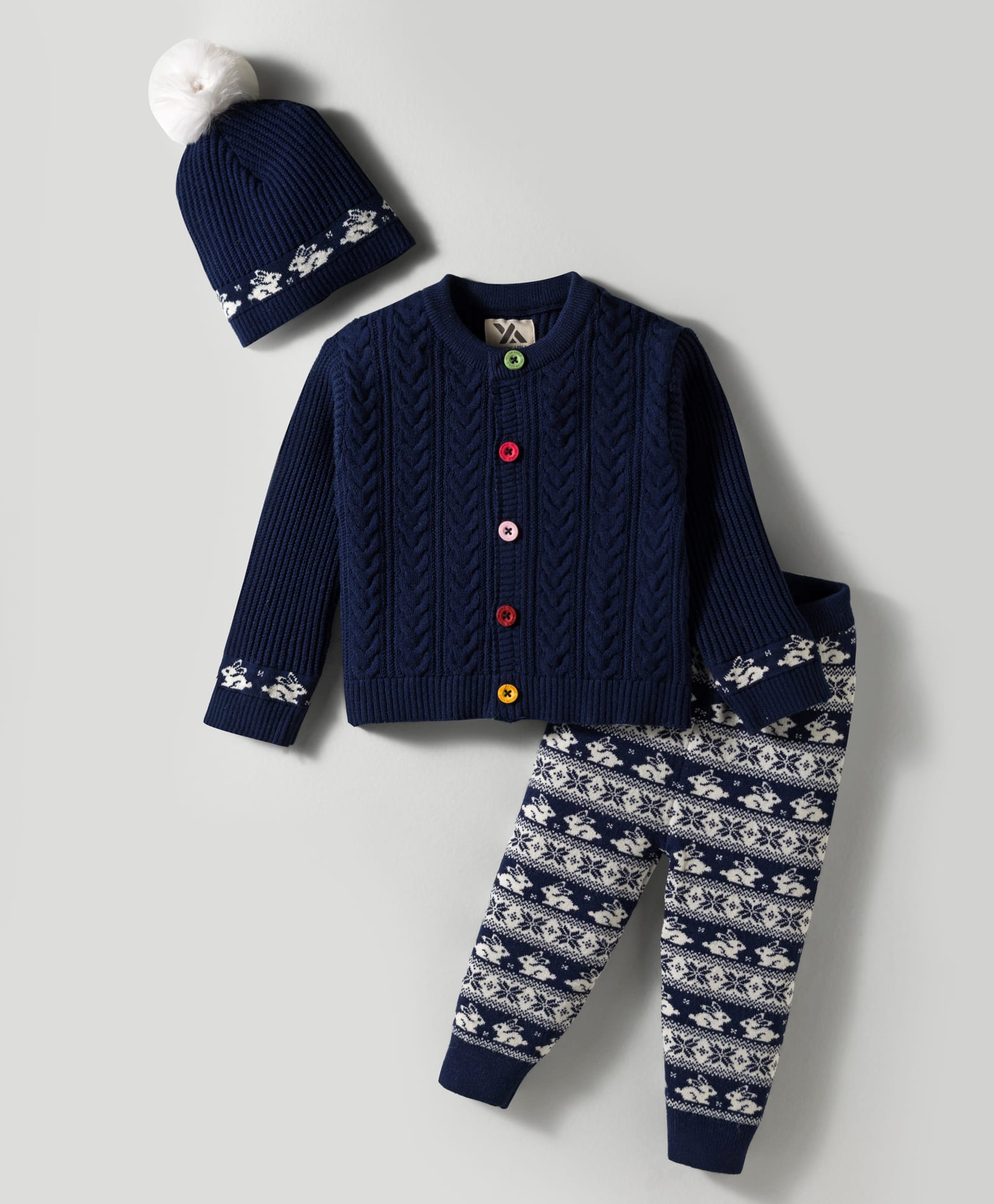 Yellow Apple Knit Full Sleeves Front Open Sweater Set with Cap & Cable Knit Design - Navy Blue-picture-41