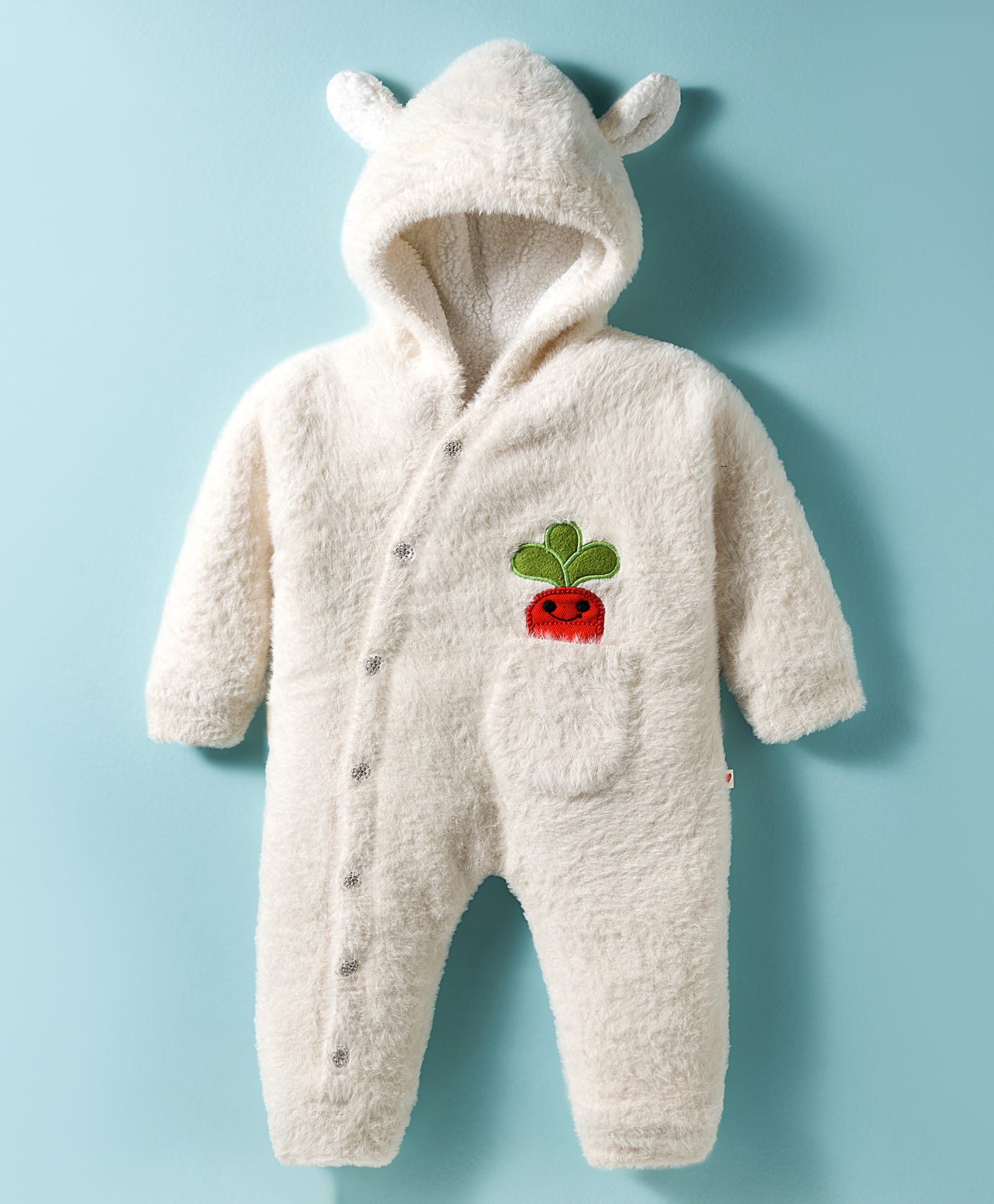 Yellow Apple Knit Full Sleeves Romper With Carrot Embriodery & Ear Applique - Ivory-image-15
