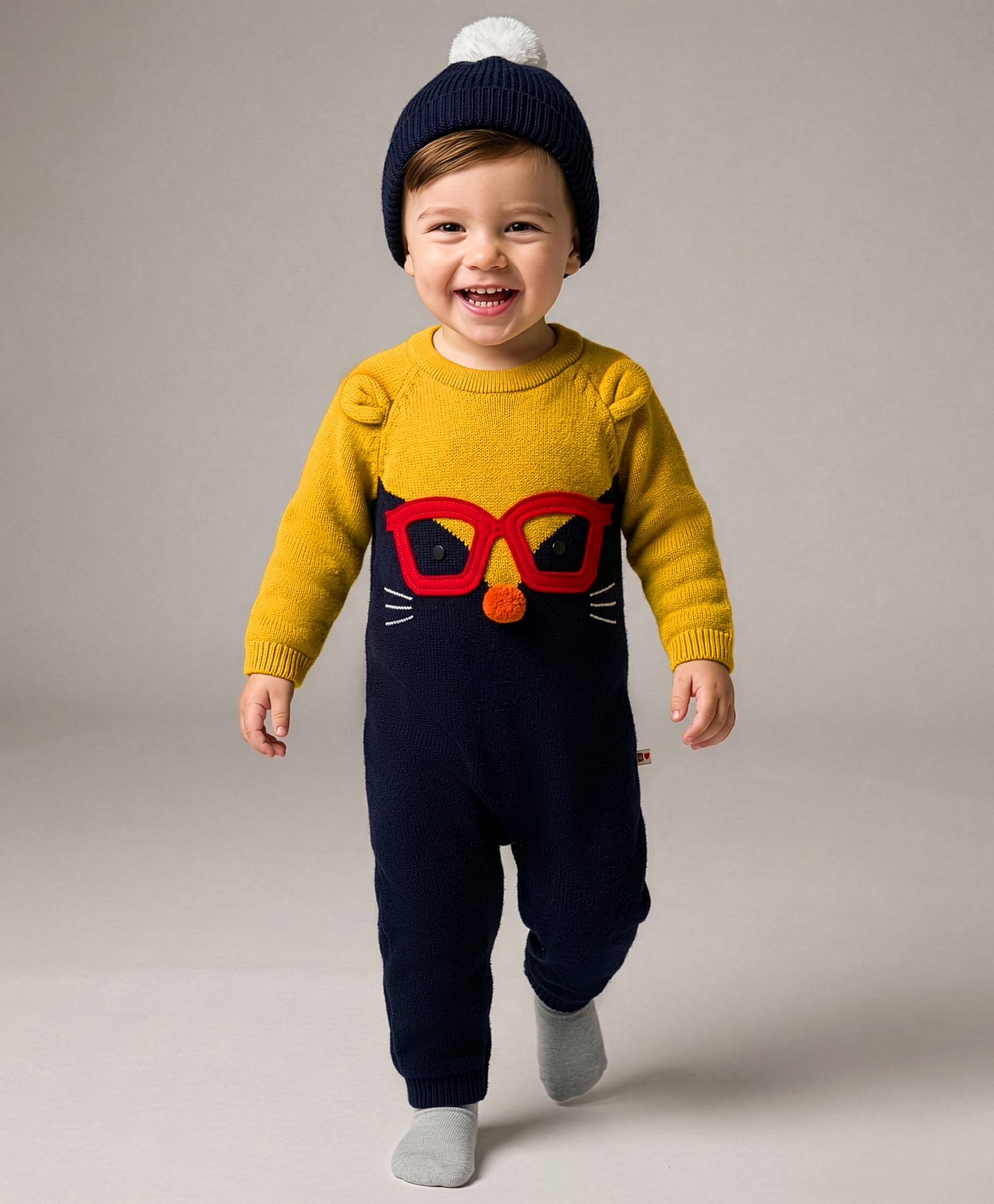 Yellow Apple Knit Full Raglan Sleeves Romper With Face Embroidery & Cap - Navy Blue-image-22
