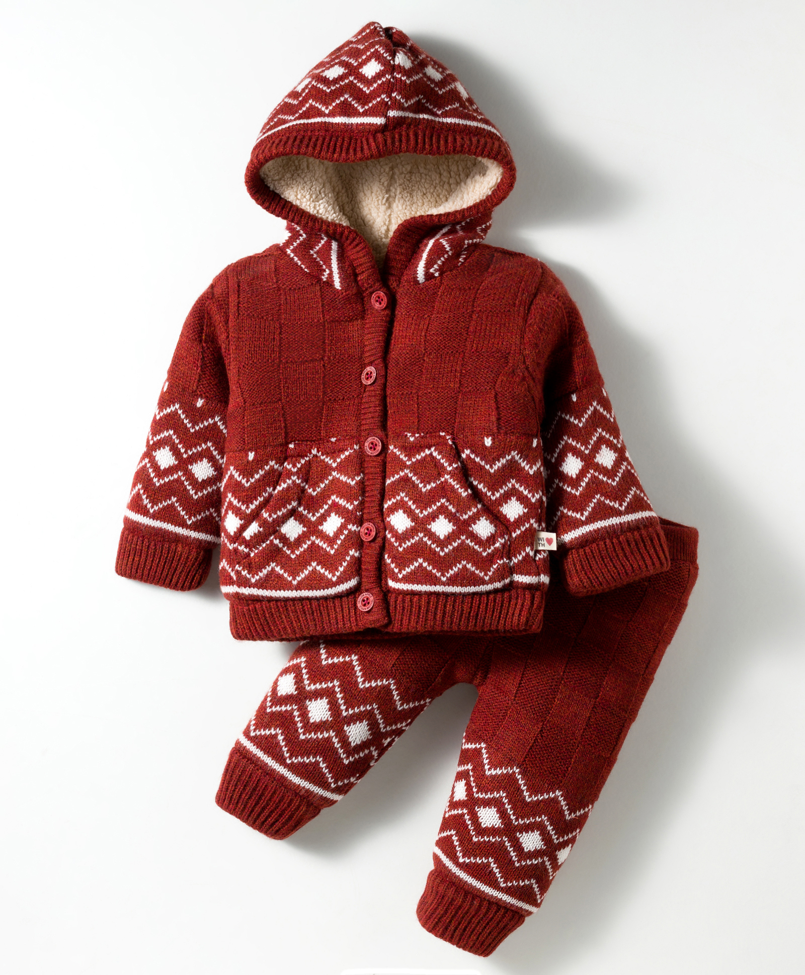 Yellow Apple Knit Full Sleeves Hooded Sweater Set With Aztec Design - Rust Orange-picture-38
