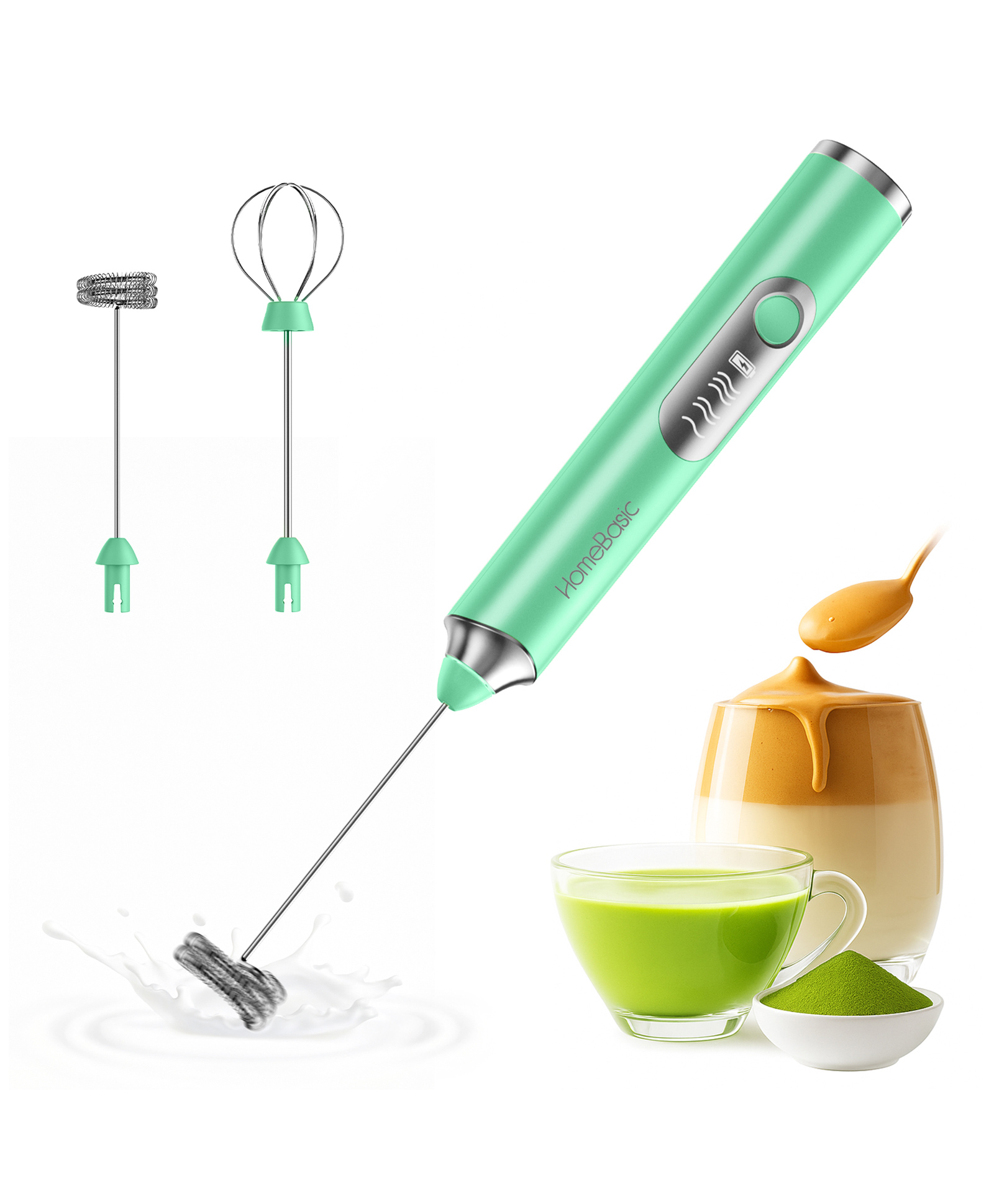 HomeBasic HB-M20-GRN 3-Speed USB-C Rechargeable Milk Frother with Stainless Steel Whisks (Green)-picture-8