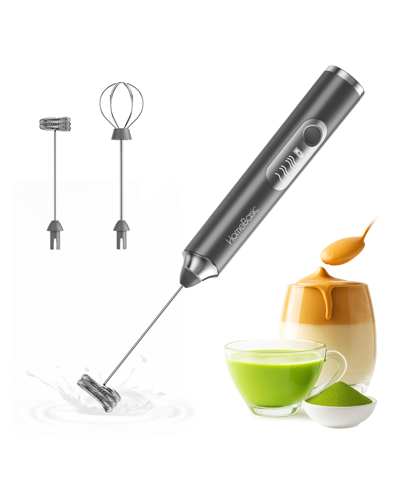 HomeBasic HB-M20-GRN 3-Speed USB-C Rechargeable Milk Frother with Stainless Steel Whisks (Grey)-image-28