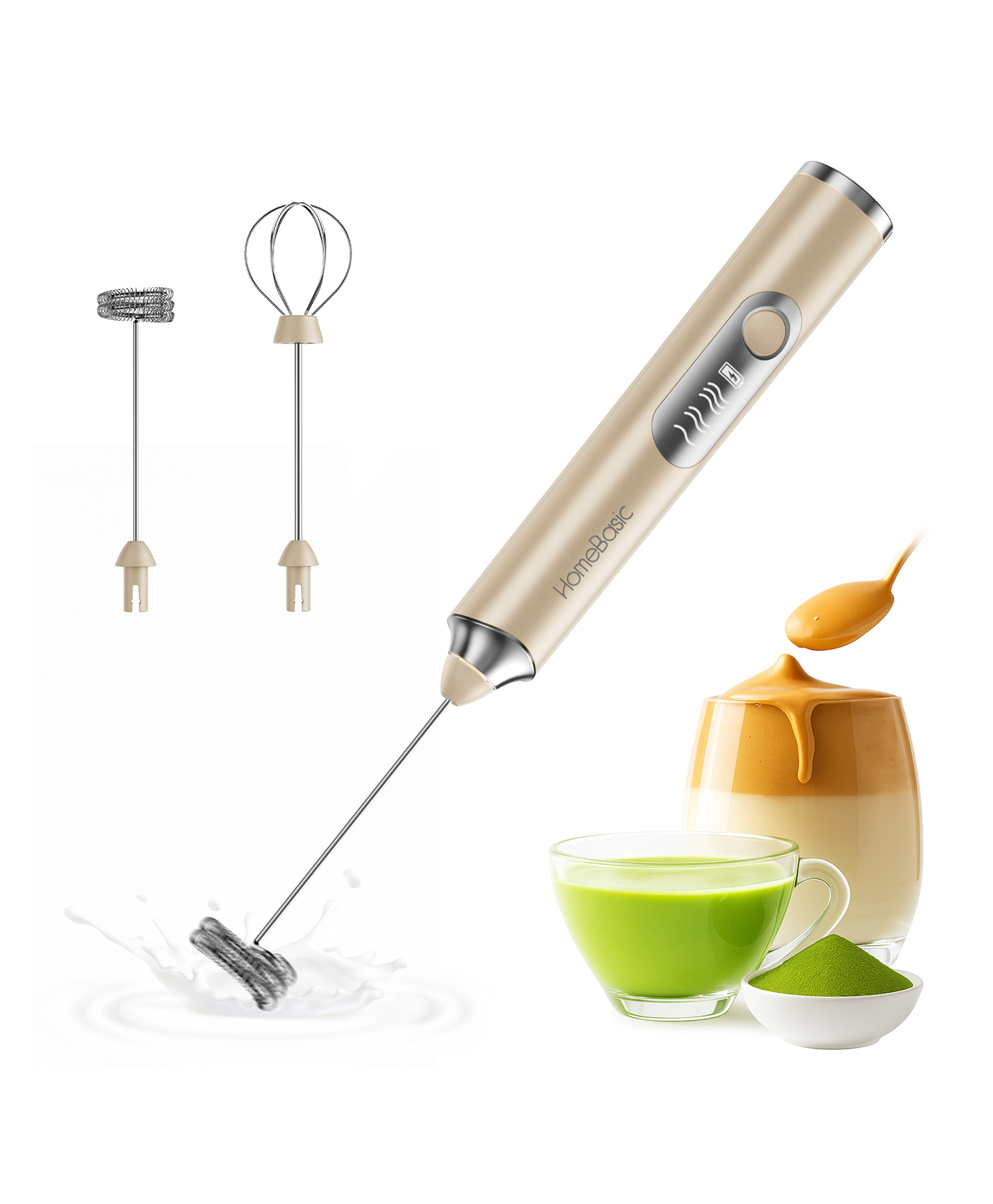 HomeBasic HB-M20-GRN 3-Speed USB-C Rechargeable Milk Frother with Stainless Steel Whisks (Beige)-picture-11