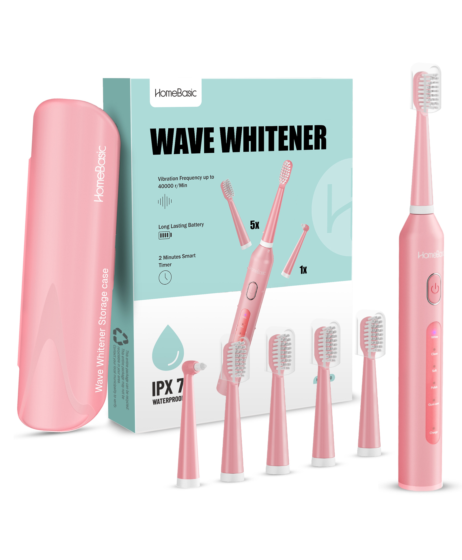 HomeBasic Wave Whitener Electric Toothbrush with 5 Cleaning Modes, 6 Brush Heads, Long-Lasting 60-Day Battery, USB Charging, IPX7 Waterproof, Smart Timer, and Travel Case for Adult Oral Care (Pink)-picture-4