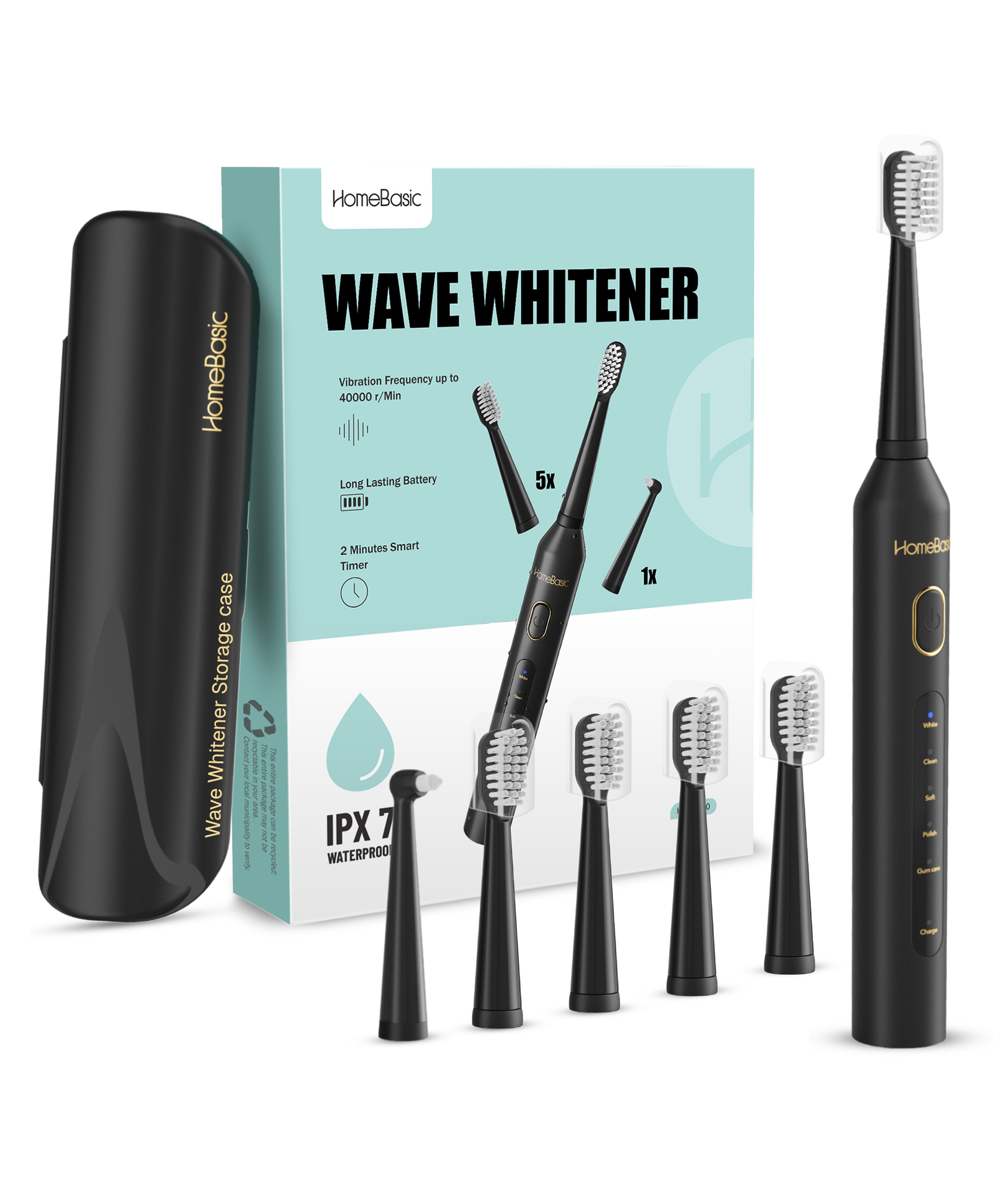 HomeBasic Wave Whitener Electric Toothbrush with 5 Cleaning Modes, 6 Brush Heads, Long-Lasting 60-Day Battery, USB Charging, IPX7 Waterproof, Smart Timer, and Travel Case for Adult Oral Care (Black)-picture-3