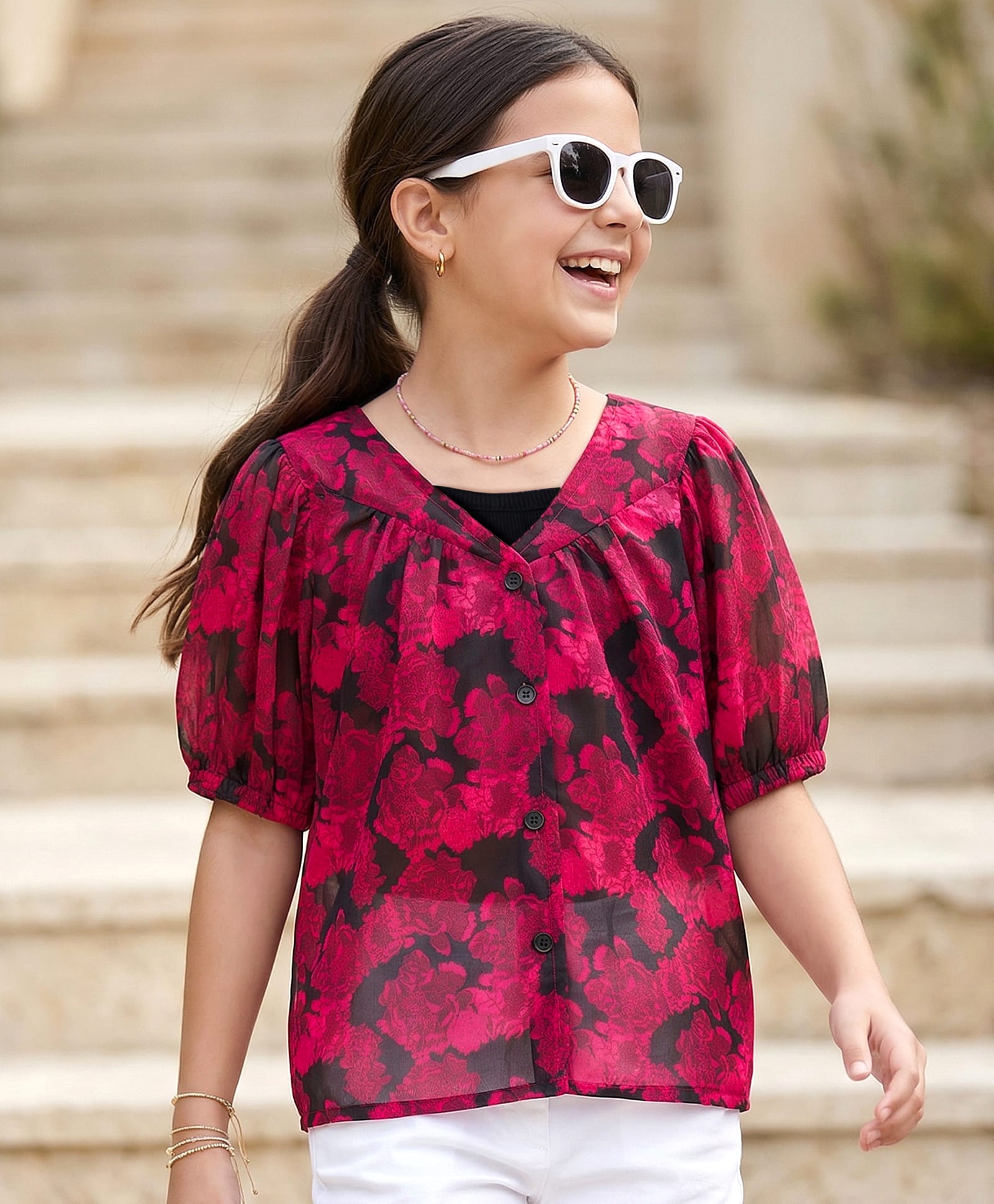 Pine Kids Half Sleeves Woven Top and Inner T-Shirt With Floral Print - Dark Pink & Black-image-24