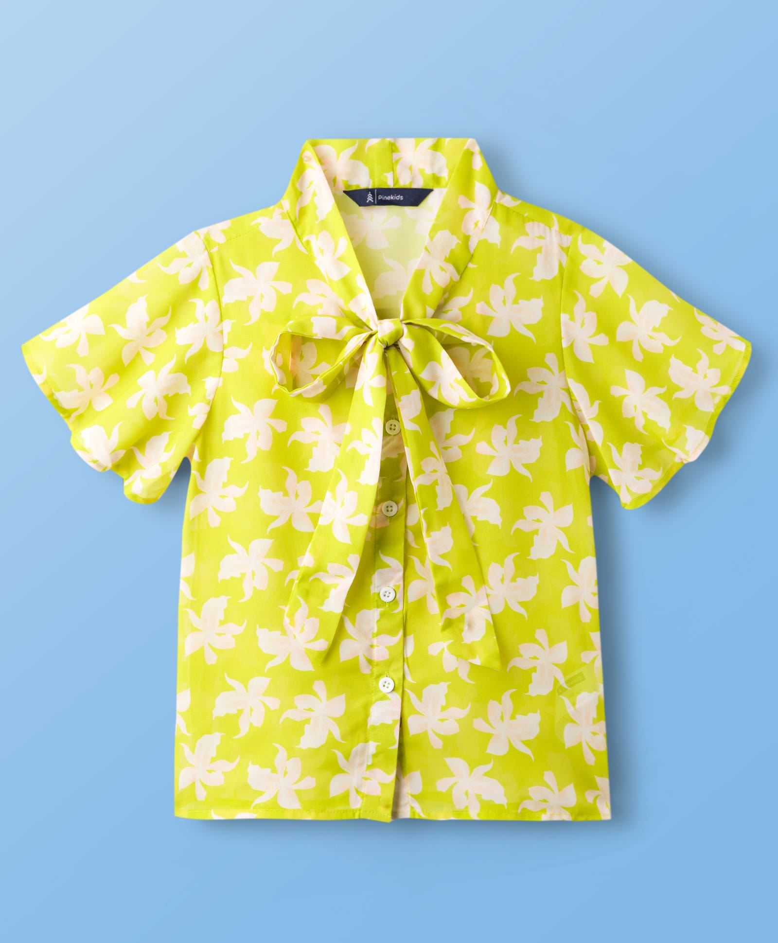 Pine Kids Woven Half Sleeves Top & Inner Tee with Floral Print and Bow Tie Up - Limegreen